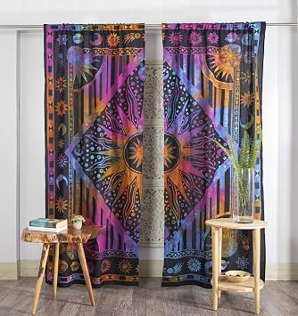 Popular Handicrafts Indian Burning Sun Hippie Mandala Window Curtains - Gypsy Tye Dye Bohemian Sun Moon Beautiful Drapery Bedroom Living Room Balcony Valance Panels Purple