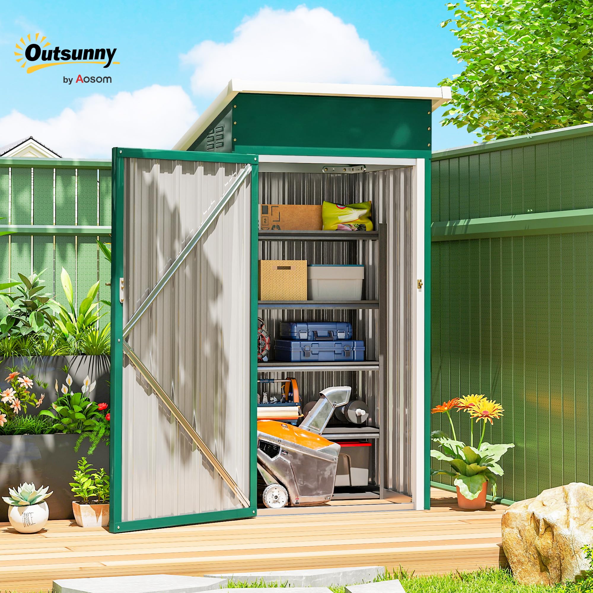 Outsunny Caseta de Jardín Exterior 0,74 m², 107,5x91x185 cm, Cobertizo de Jardín Exterior Metálico con Techo Inclinado, Puerta con Cerradura y Ventilaciones para Almacenamiento de Herramientas, Verde - 3