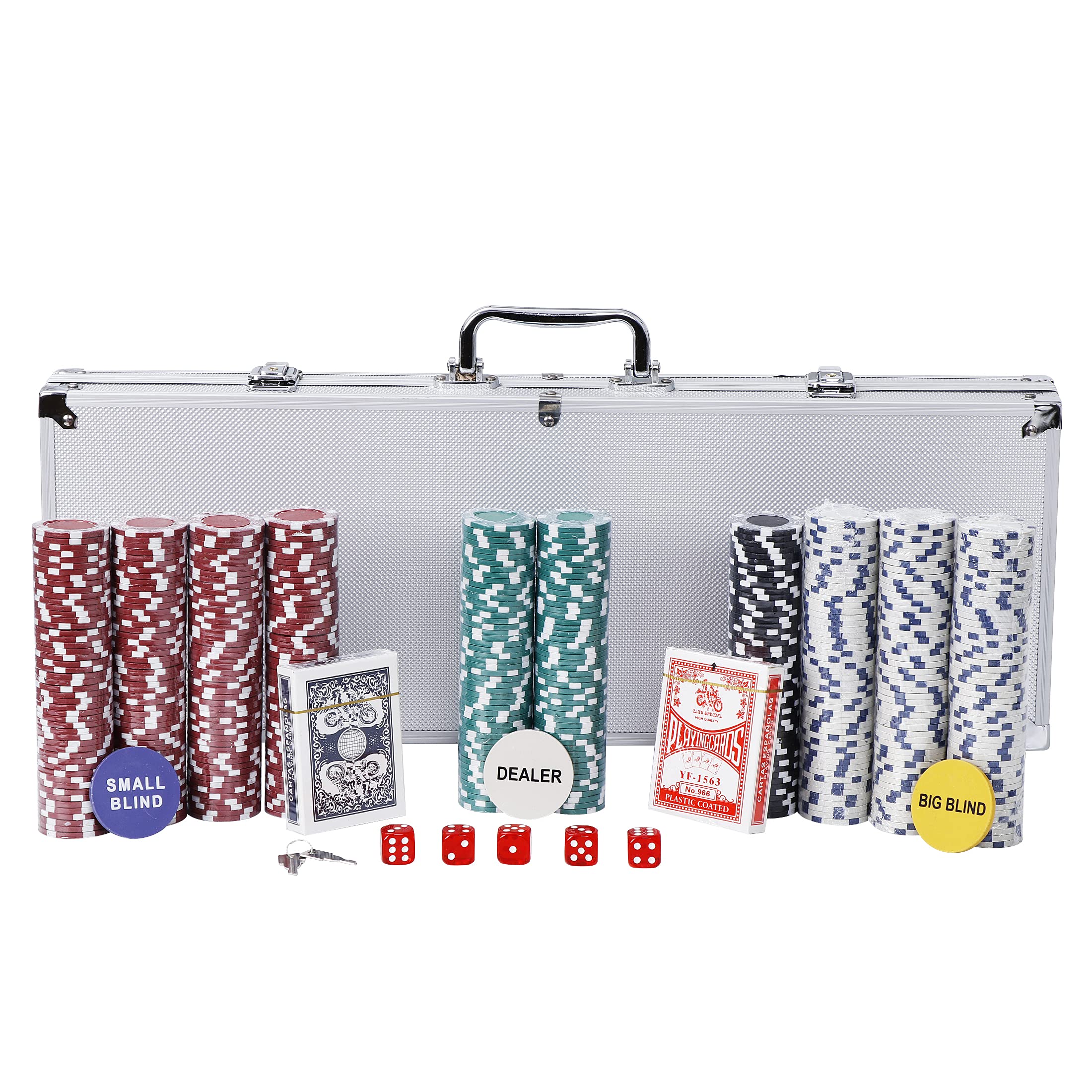 BBBuy 500 Poker Chip Set 11.5 Gram Dice Style Clay Casino Poker Chips w/Aluminum Case, Cards, Dices, Blind Button for Blackjack, Gambling, Texas Holdem