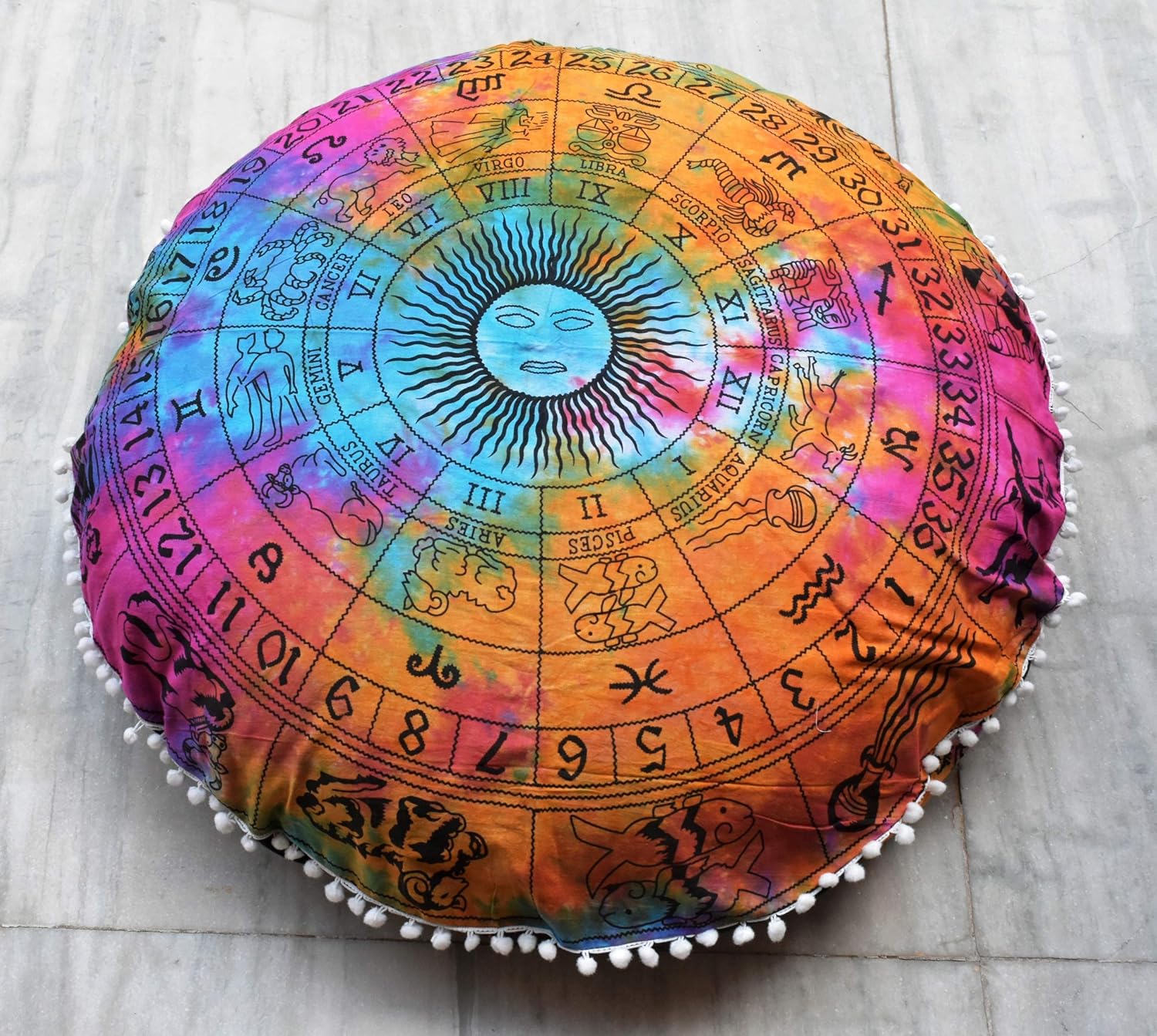 Mandala Floor Cushion, Astrological Sun Moon Horoscope Psychedelic Decorative Pillowcases 32", Indian Pouf Ottoman, Pom Pom Outdoor Pillow Shams, Pet Dog Cat Bed without Filler