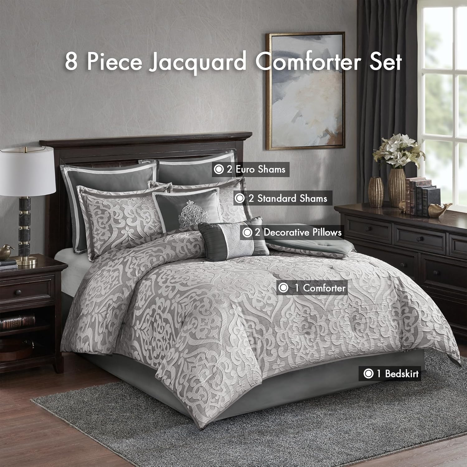 Madison Park Odette Cozy Comforter Set Jacquard Damask Medallion Design - Modern All Season, Down Alternative Bedding, Shams, Decorative Pillows, Queen(90 in x 90 in), Silver 8 Piece - Image 5
