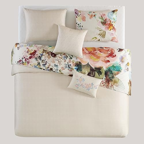 Miniatura 5 de Bebejan Juego de edredón de 5 piezas de 100% algodón, diseño floral de flores rojas, verdes, reversible, acogedor, suave, transpirable, 1 edredón, 2