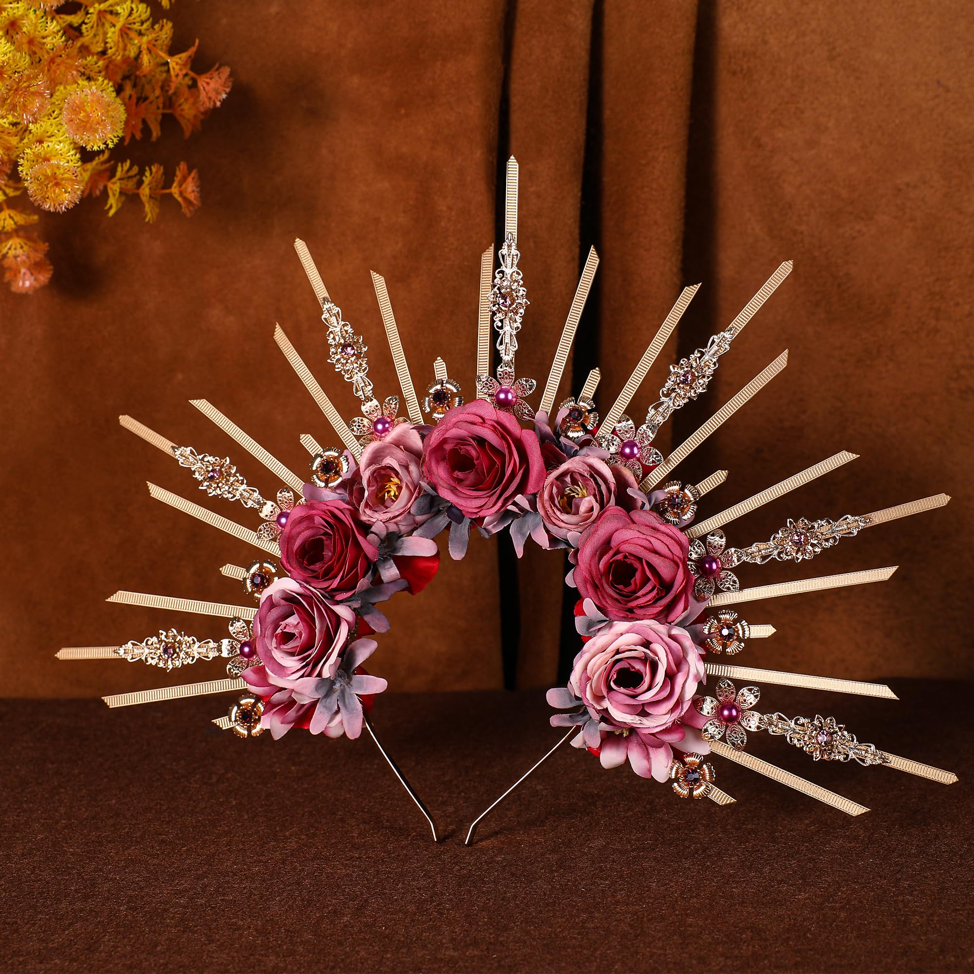 Garden Goddess Pink Rose Wreath Halo Headpiece Golden Celestial Halo Crown Rose Goddess Bridal Festival  main image 2