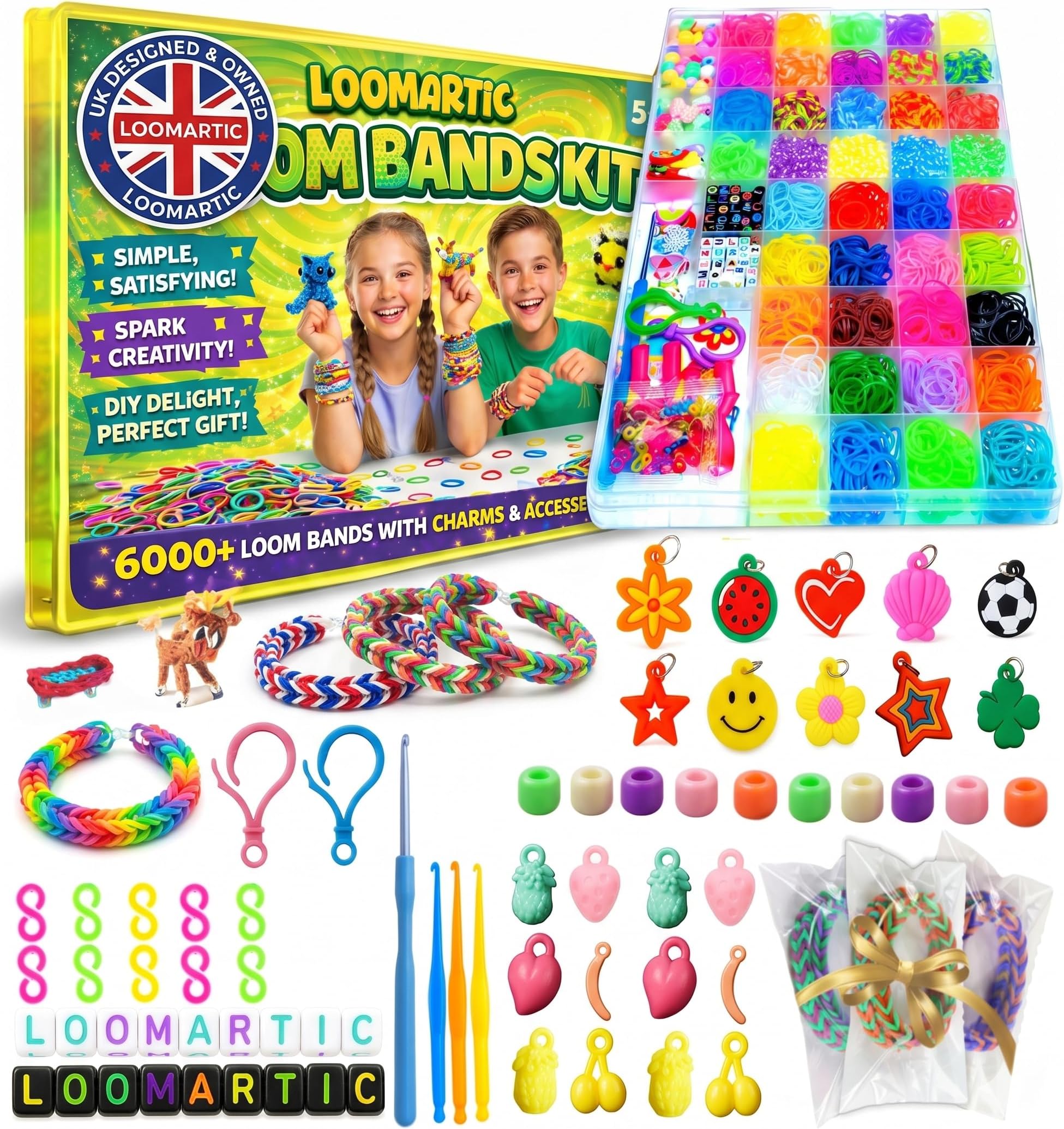 Loomartic 6000+Elastic Rubber Loom Bands Kit Premium Quality Loom Bands Kits for Girls in 20 Multi Colors with Bracelet Beads for Friendship Bracelet Making kit for Girls and Birthday Gifts for Kids