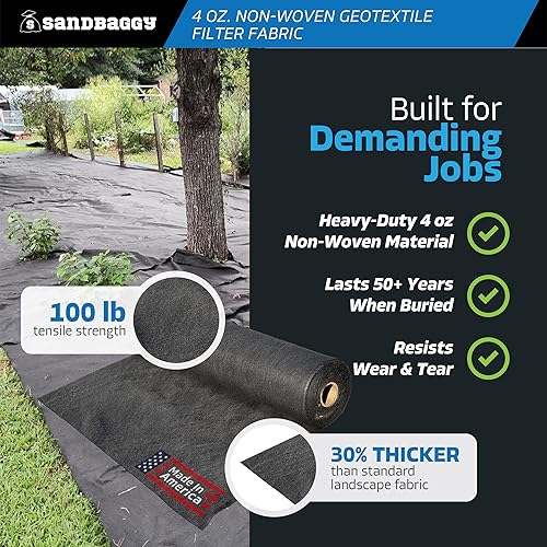 Miniatura 3 de Sandbaggy - Rollo de tela geotextil no tejida resistente para paisaje, fabricado en Estados Unidos, barrera ligera contra malezas, protección UV,