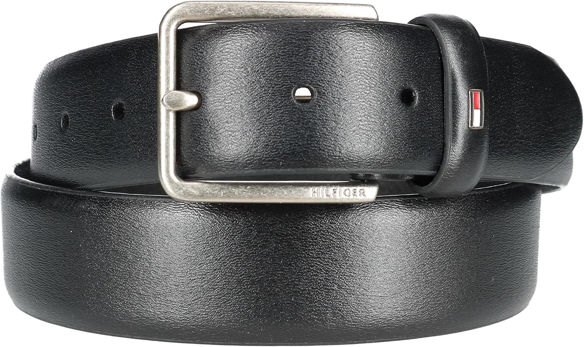 Tommy Hilfiger Cinturón de cuero con borde de plumas liso para hombre, 34, negro