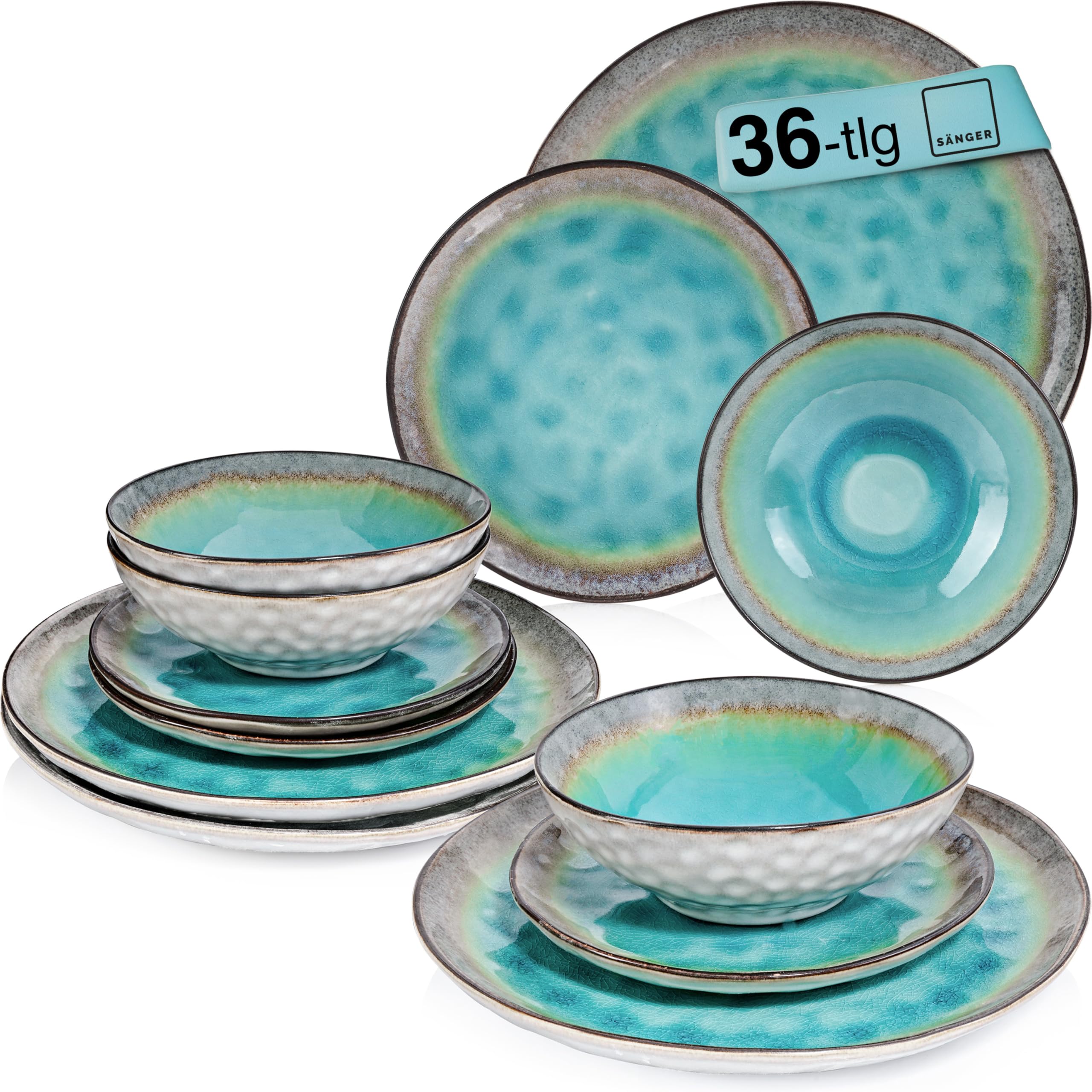 SÄNGER | Tafelservice Capri 36 tlg, Teller Set 12 Personen, Steingut Essgeschirr Plates Set Dessertteller Speiseteller & Schüsseln, Teller Handmade, Essservice Türkis Blau mit Grauem Rand