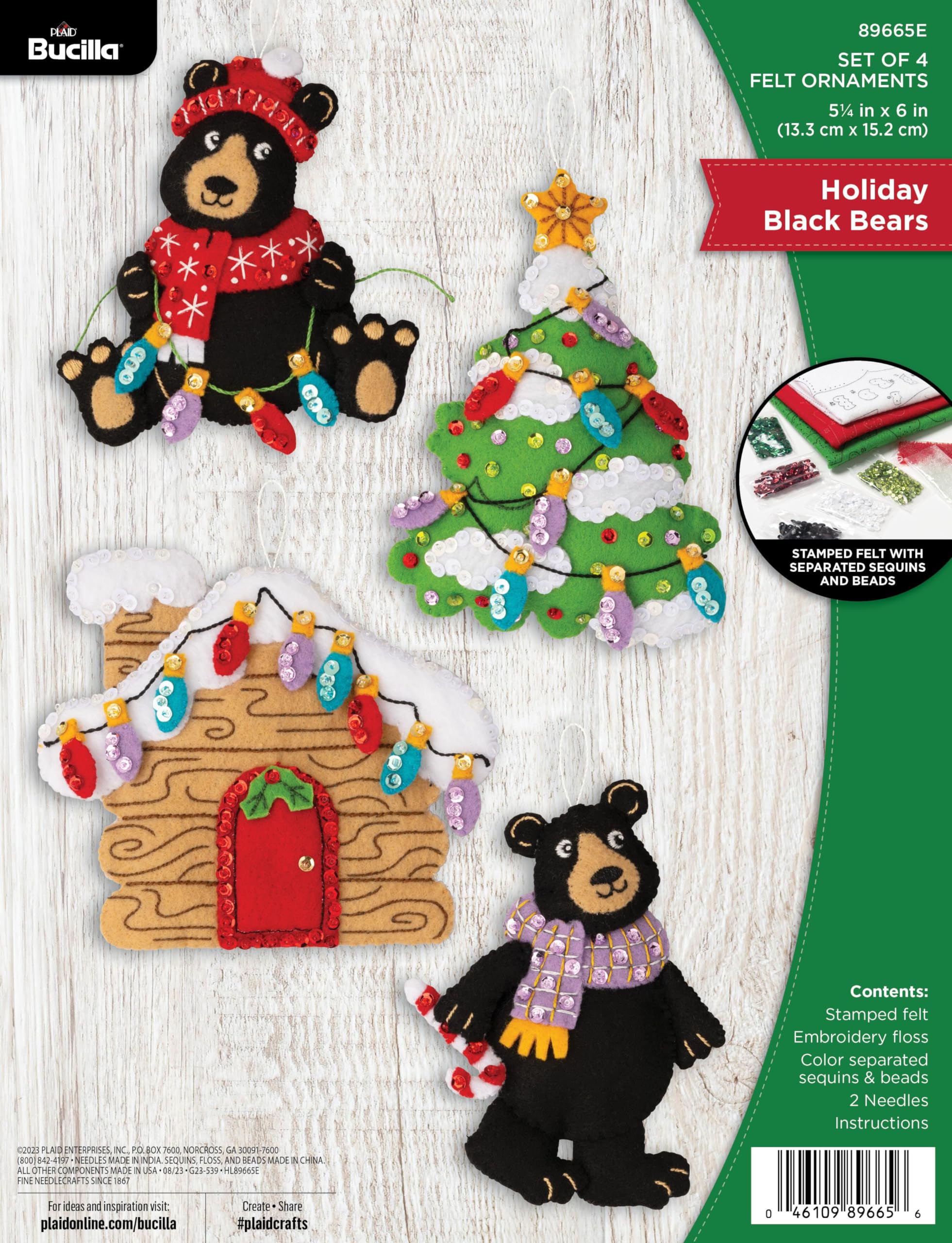Bucilla, Holiday Black Bears, Felt Applique 4 Piece Ornament Making Kit, Perfect for DIY Arts and Crafts, 89665E