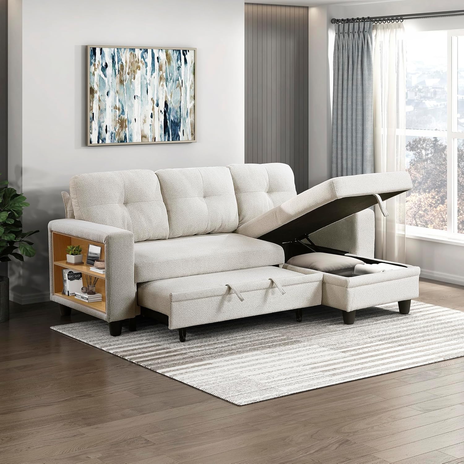 Lexicon L-Shaped Sectional with Pull-Out Bed, Boucle Upholstered Sofa Chaise, Reversible Chaise, Storage Shelves, USB Ports, Tufted Back, Sectional for Living Room/Apartment, 3-Seater, Beige