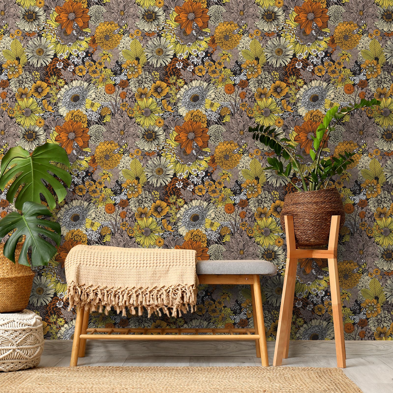 FunStick 44.5CMx9M Peel and Stick Floral Wallpaper Dark Orange Flowers Sticky Back Plastic for Furniture Yellow Wallpaper for Kitchen Bathroom Floral Vinyl Wrap for Cupboards Walls Orange Sunflowers - Image 4