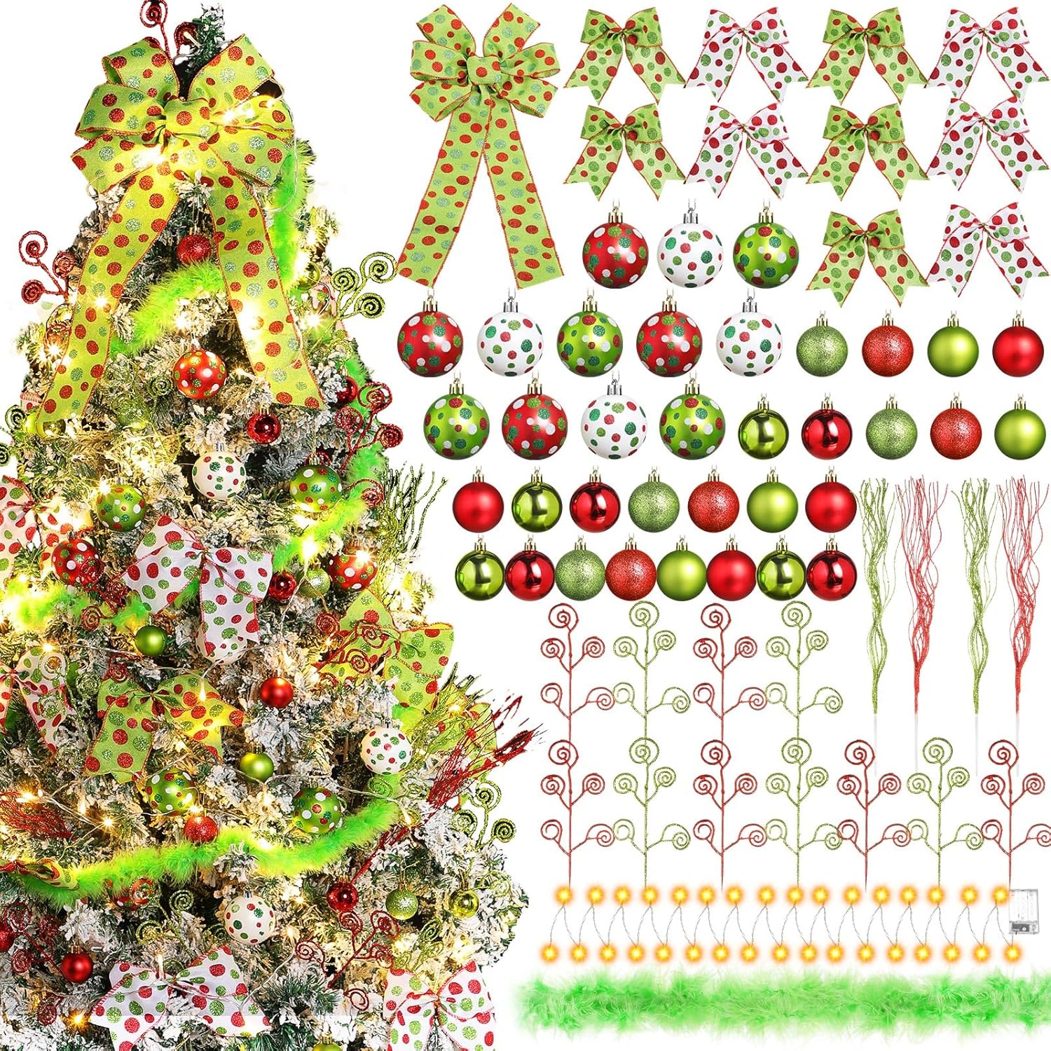70 pcs Christmas Tree Ornaments Set Including Ball red Green White Polka Point Bows Glitter Berry Stems Candy Curly Sticks Faux Fur Ribbon led Lights for Xmas Holiday Decor