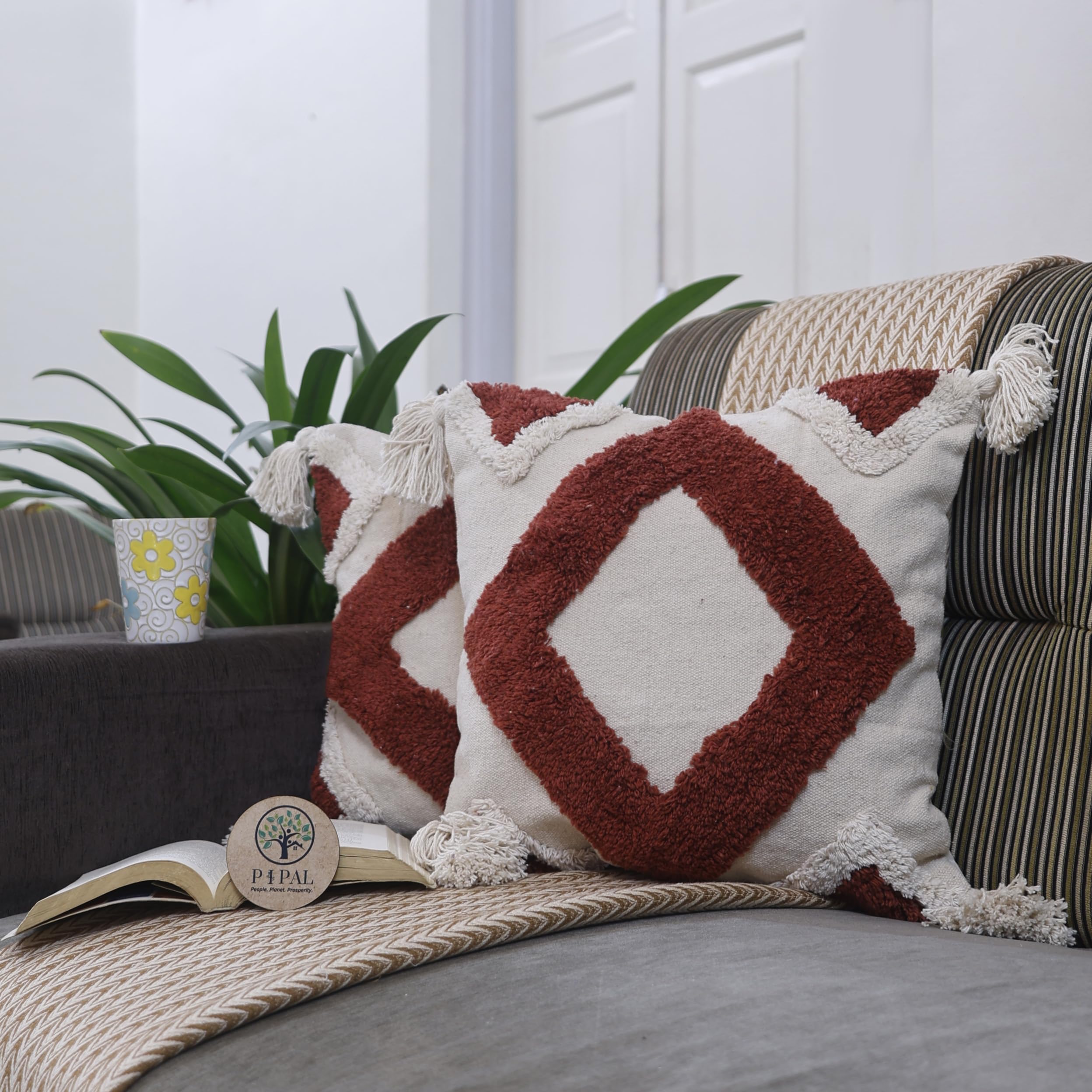 Set of 2, Hand Tufted Cushion Cover, Decorative Pillows Cases for Couch, Soft Cushion Covers for Bedroom, Living Room, Sofa, Farmhouse Decor (16x16 inch, Rusty Orange) - with 2 Cushions