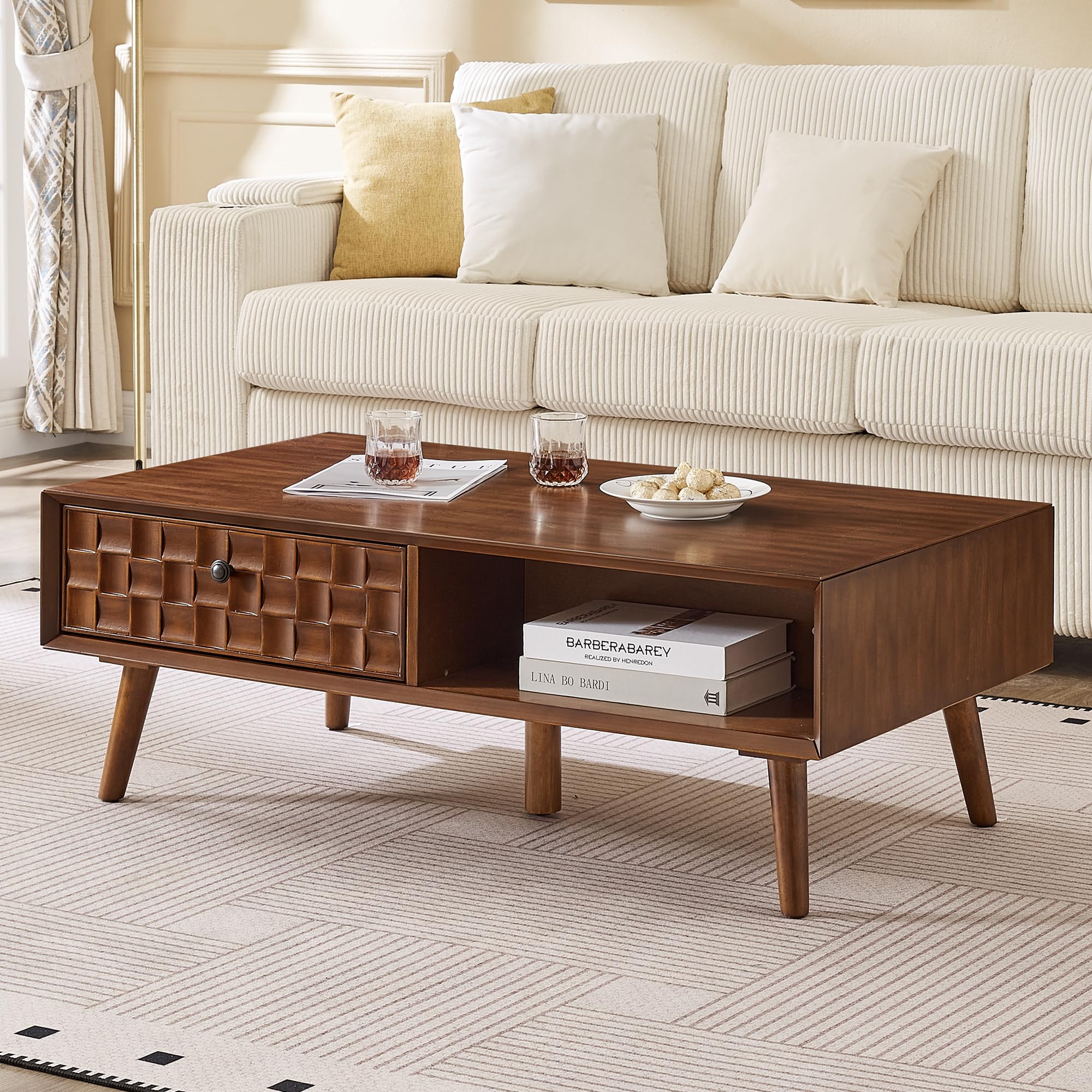 Mid-Century Coffee Table with Storage for Living Room Farmhouse Wooden Coffee Table with Hidden Drawer Open Shelf Solid