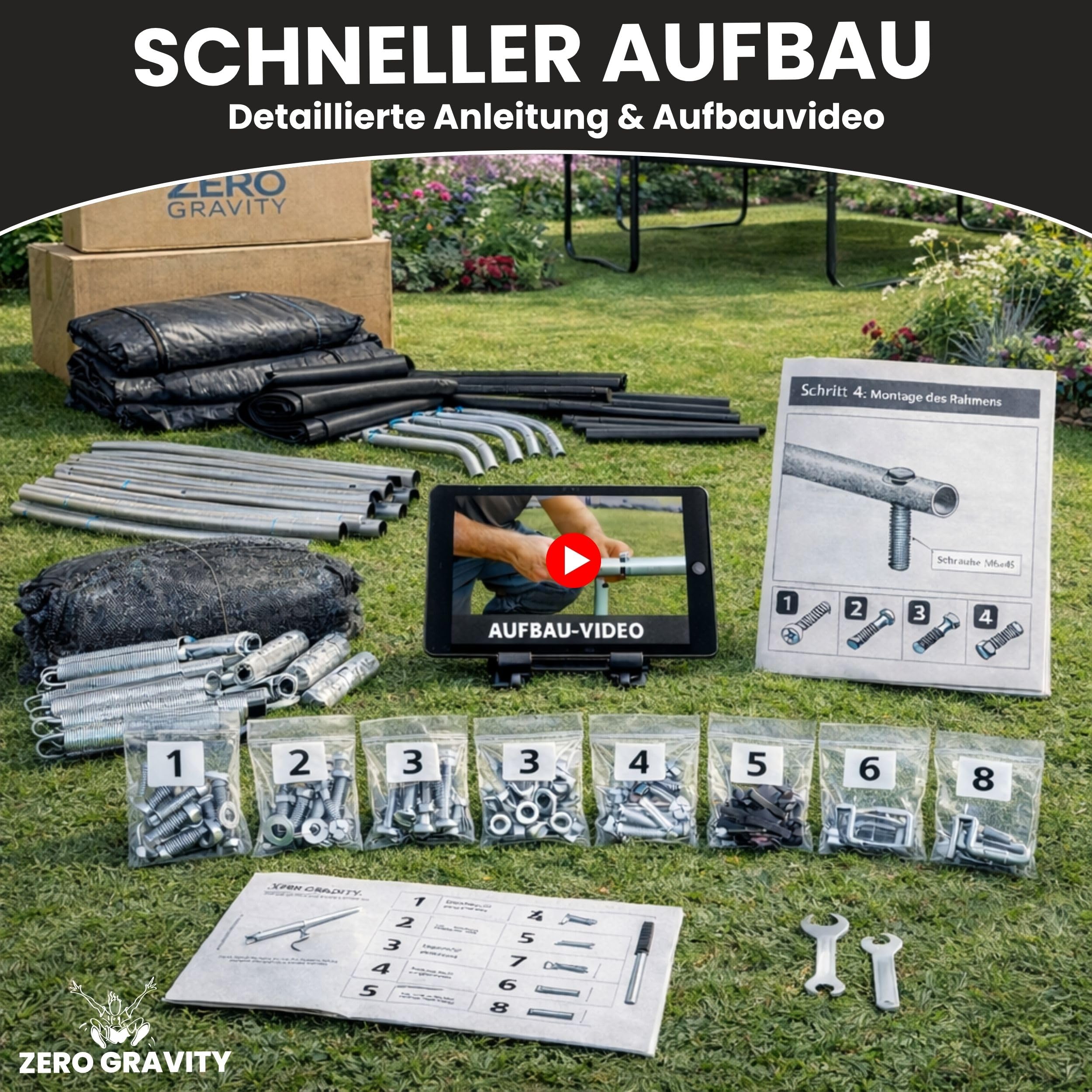 Zero Gravity Trampolin Outdoor oval, TÜV GS geprüft, Komplettset inkl. Leiter, Aufbauvideo, Outdoor Trampolin für Kinder & Erwachsene mit innenliegendem Sicherheitsnetz