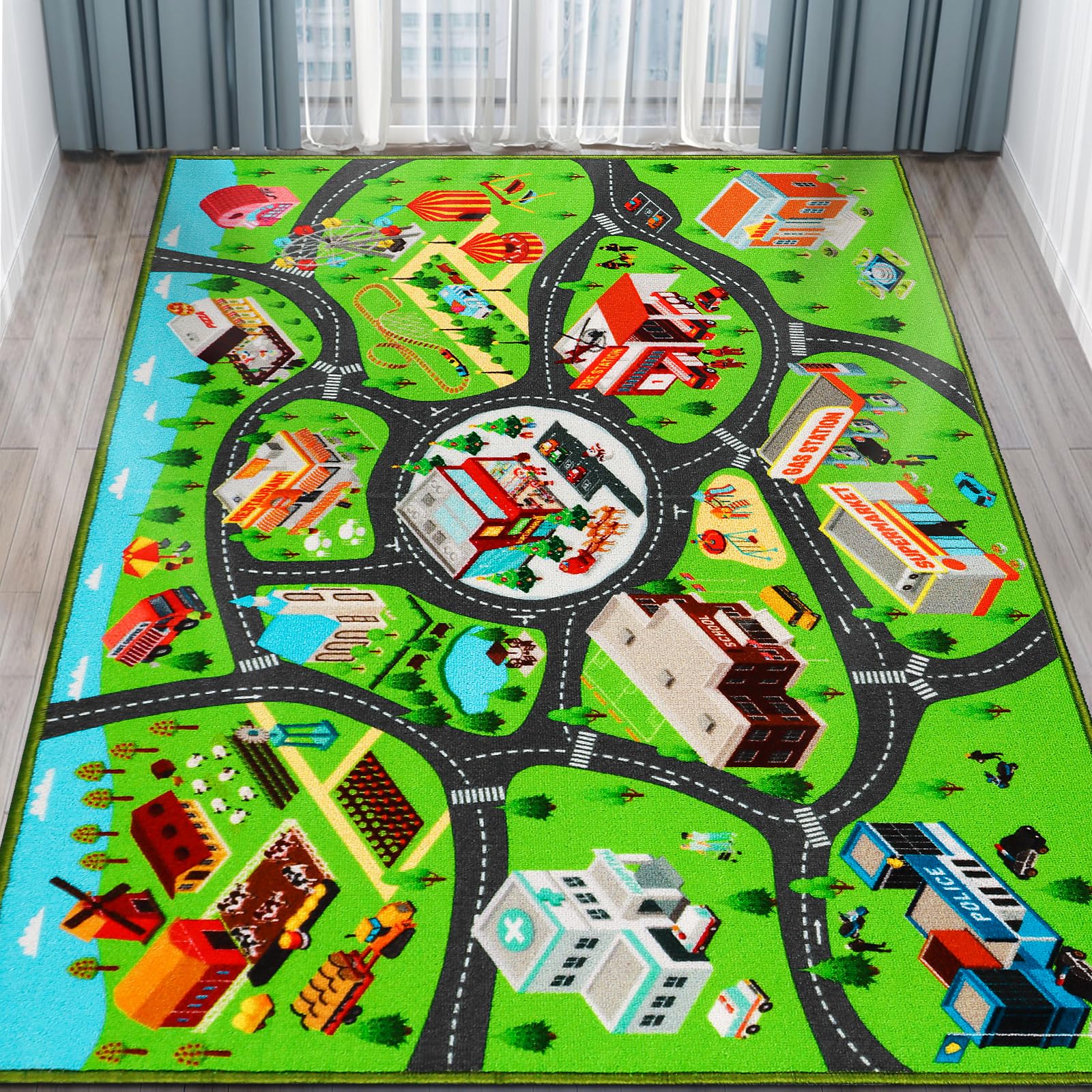 AKASISRUG Kids Car Rug Play Mat, Extra Non-Slip Traffic Road Car Carpet for Kids, City Map Educational Car Mat for Playroom Boys Bedroom Classroom (78.7X59 INCH)