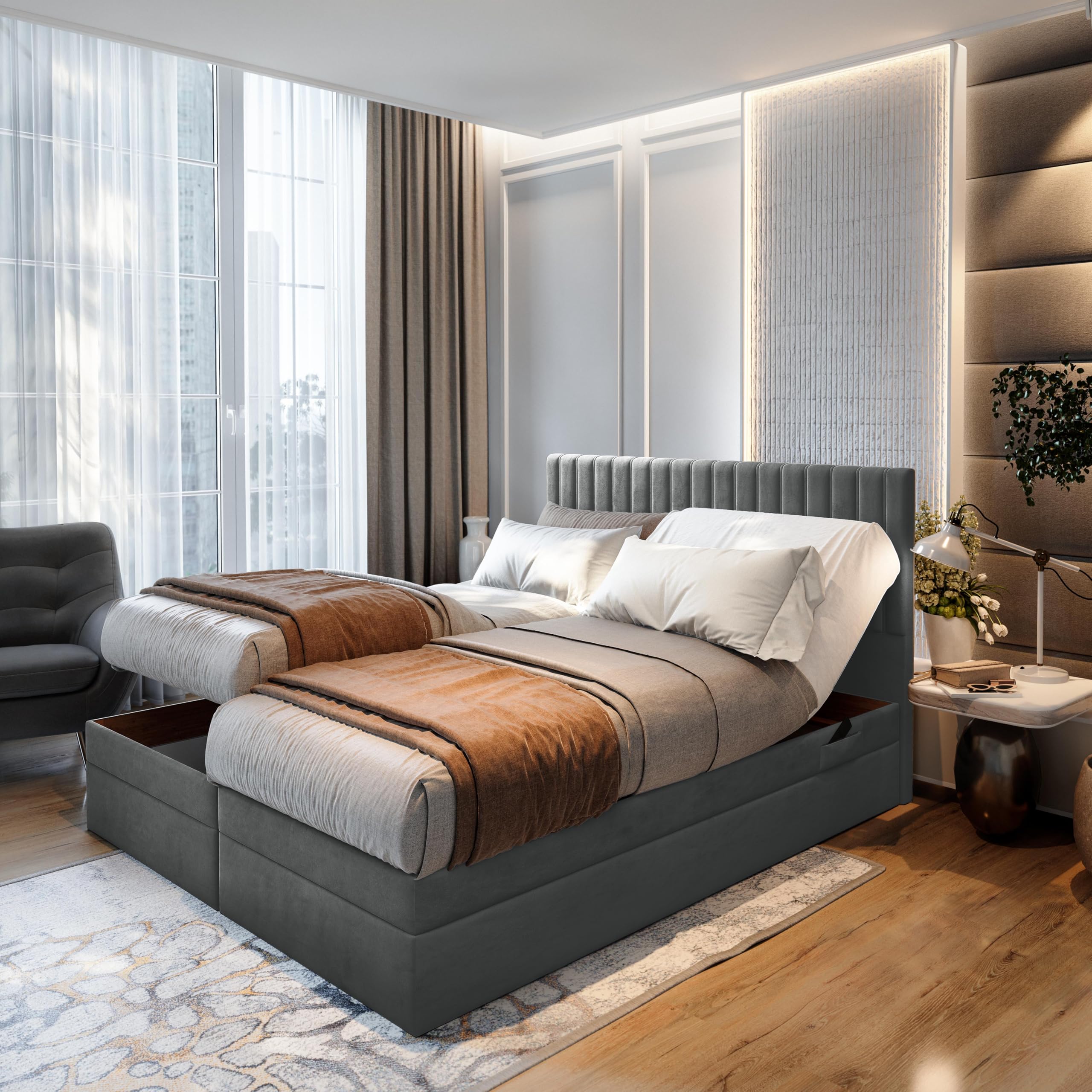 TRADA Lit Adulte ADÈLE - Ensemble Matelas+sommier Relaxation électrique avec Matelas Ressorts ensachés, Rangement et surmatelas en Tissu Velours (Gris foncé, 160 x 200)