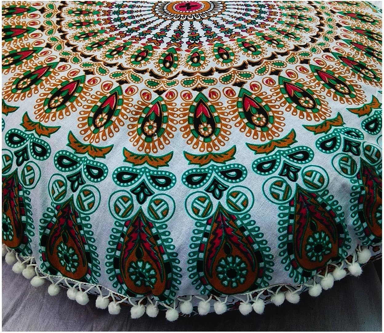 Large 32" Pink Manadala Round Pillow Cover, Decorative Mandala Pillow Sham, Indian Bohemian Ottoman Poufs, Pom Pom Pillow Cases, Outdoor Cushion Cover,