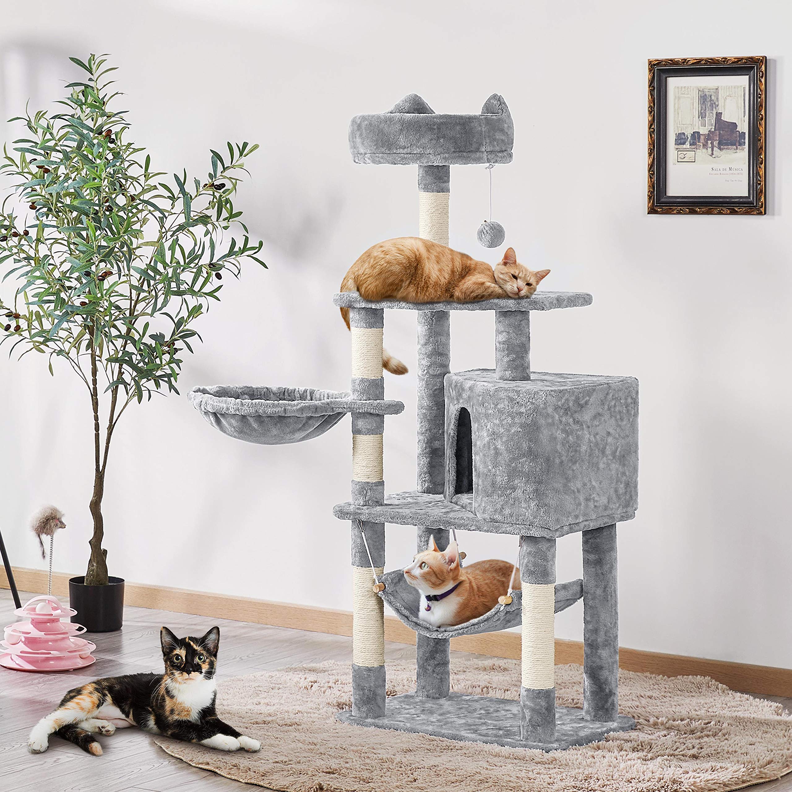 Topeakmart Cat Tree, 54.5in Tower with Hammock, Basket, Scratching Posts, Animal-Ear-Style Perch, Condo, Multilevel Stable Pet Furniture Activity Center for Indoor Kittens, Light Gray