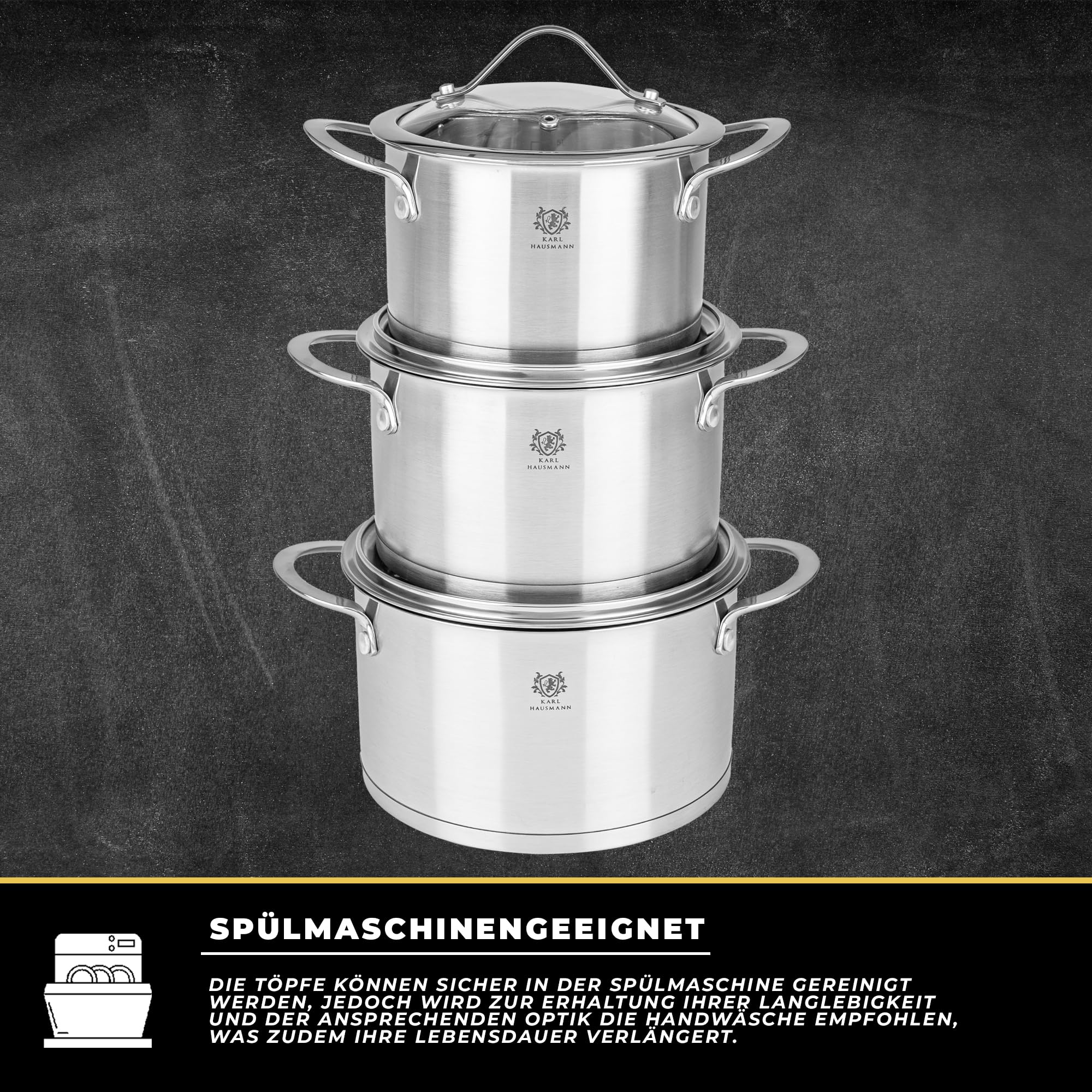 KARL HAUSMANN Topfset Induktion, 6-teilig, Edelstahl, 2 bis 3,7 L | Töpfe mit 3 Glasdeckel mit Dampföffnungen, Innenskalen, genietete Griffe, Kochtopf Set glänzende Oberfläche