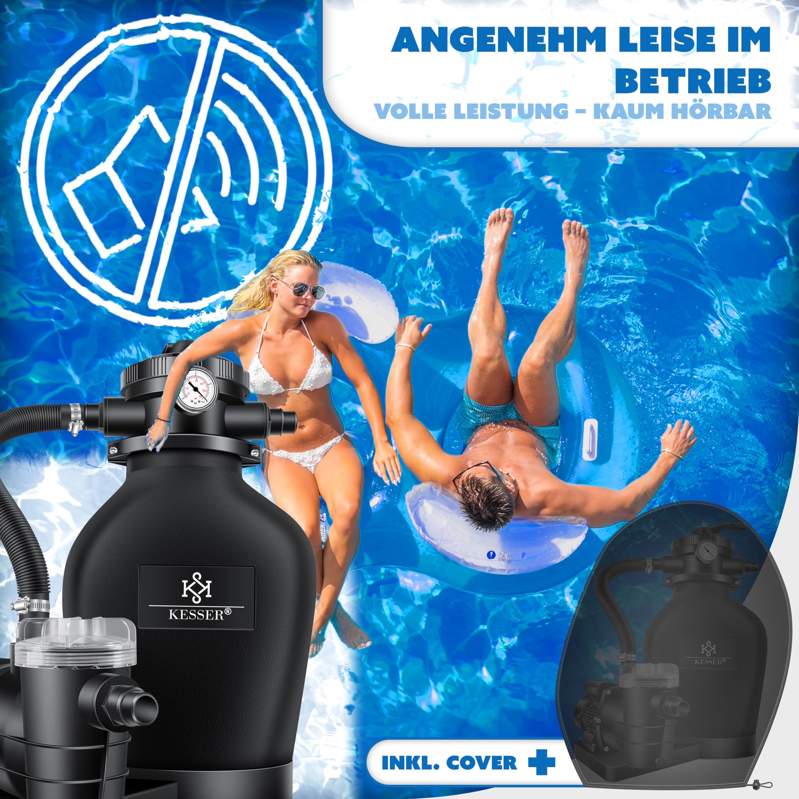 KESSER® Sandfilteranlage für Pool bis zu 60.000L, 10.200 L/h, 400W Pumpe, 20L Tank, 7-Wege-Ventil mit Druckanzeige mit 800g Filterbälle, Poolfilter 10 m³/h mit Adapter Ø32–38mm & Wettercover, Schwarz