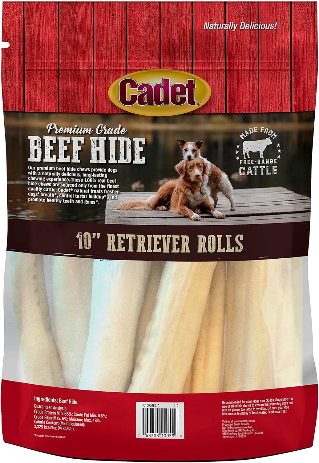 Cadet Premium Grade Beef Hide, Long-Lasting Rawhide Rolls, Single-Ingredient Dog Chews for Large Breeds, 10-Inch, 8 Count