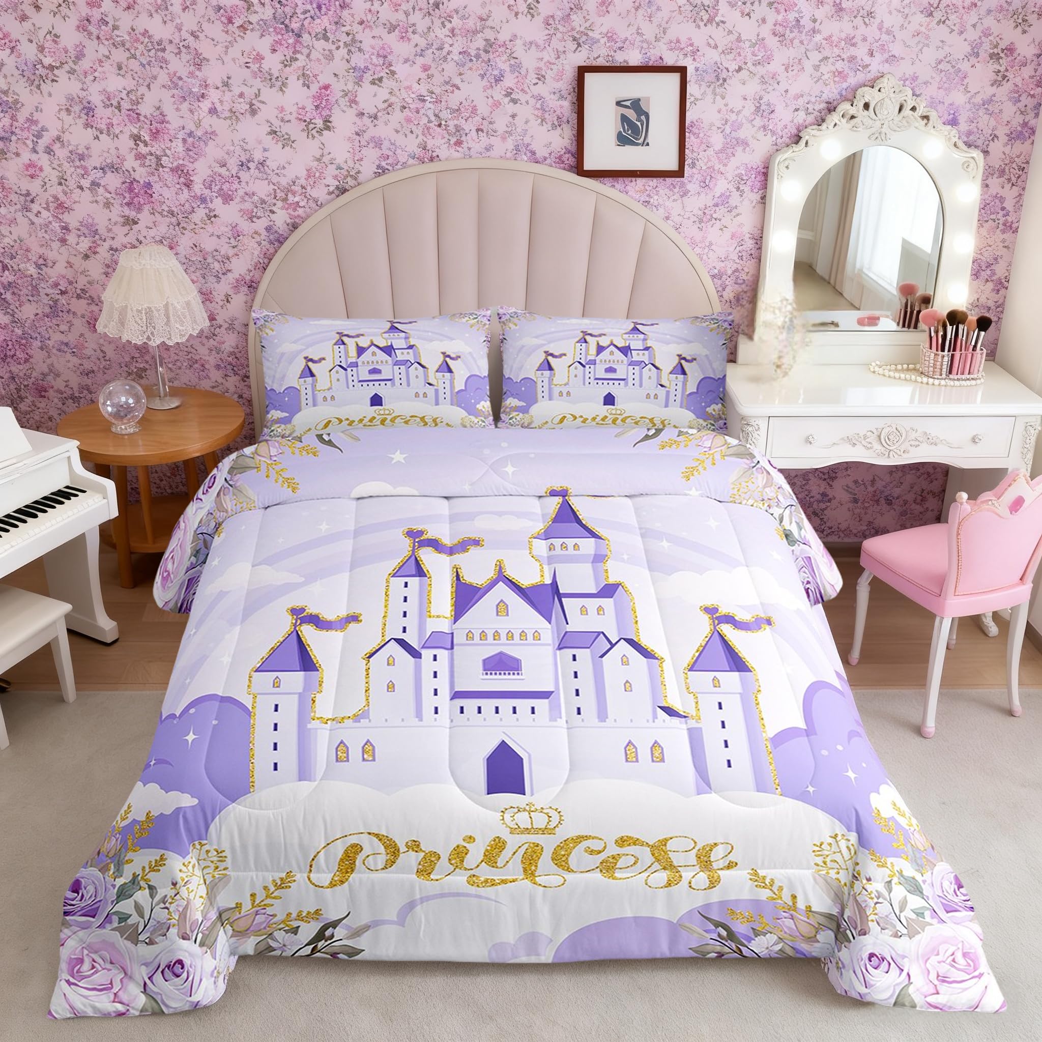 Manfei Princess Kids Comforter Set Full Size,Purple Castle Dreamy Girls Duvet Set Cute Bedroom Decor,Garden Flowers Fairy Tale Theme Princess