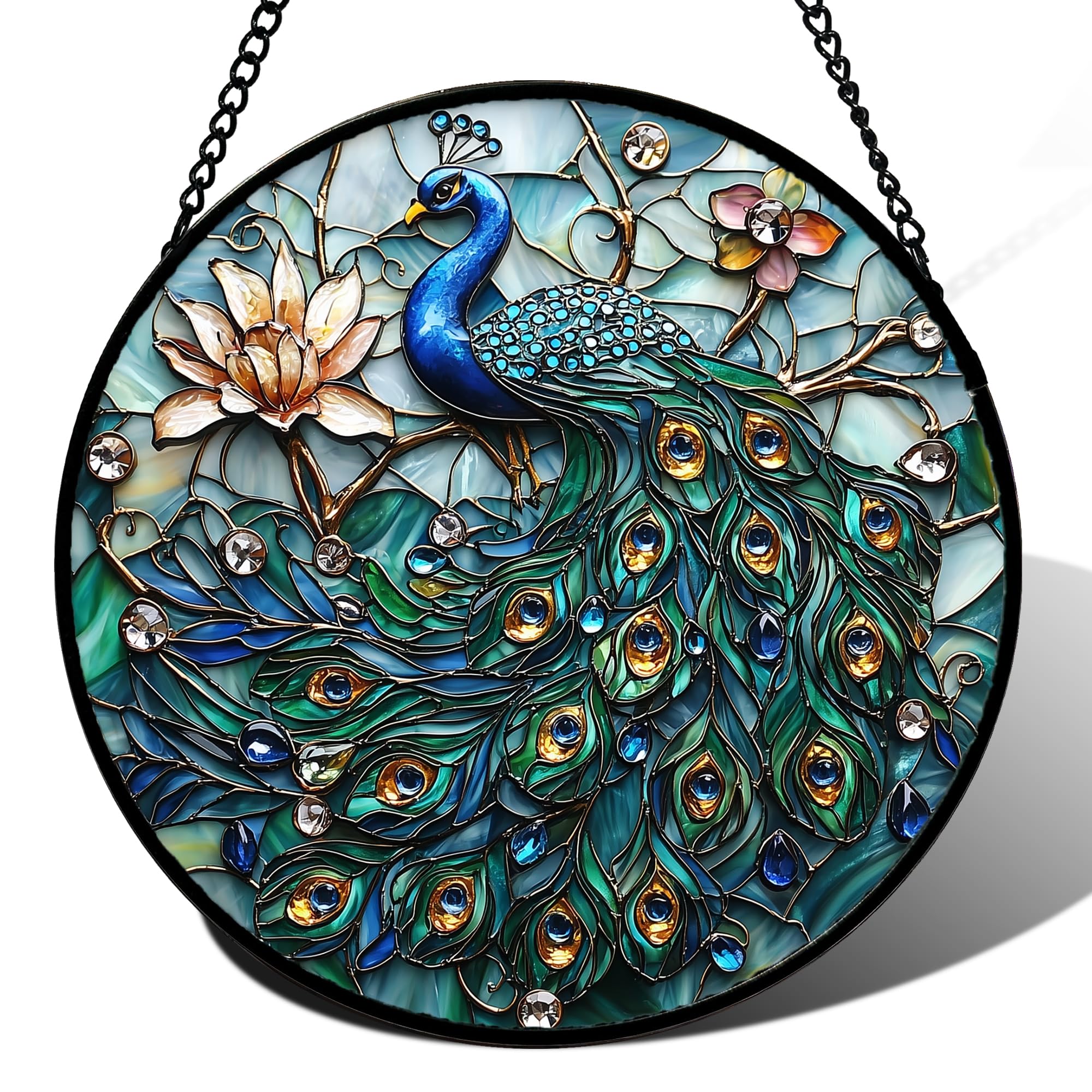 Peacock and Lotus Stained Glass Window Hanging Suncatcher Gifts Decor 15"