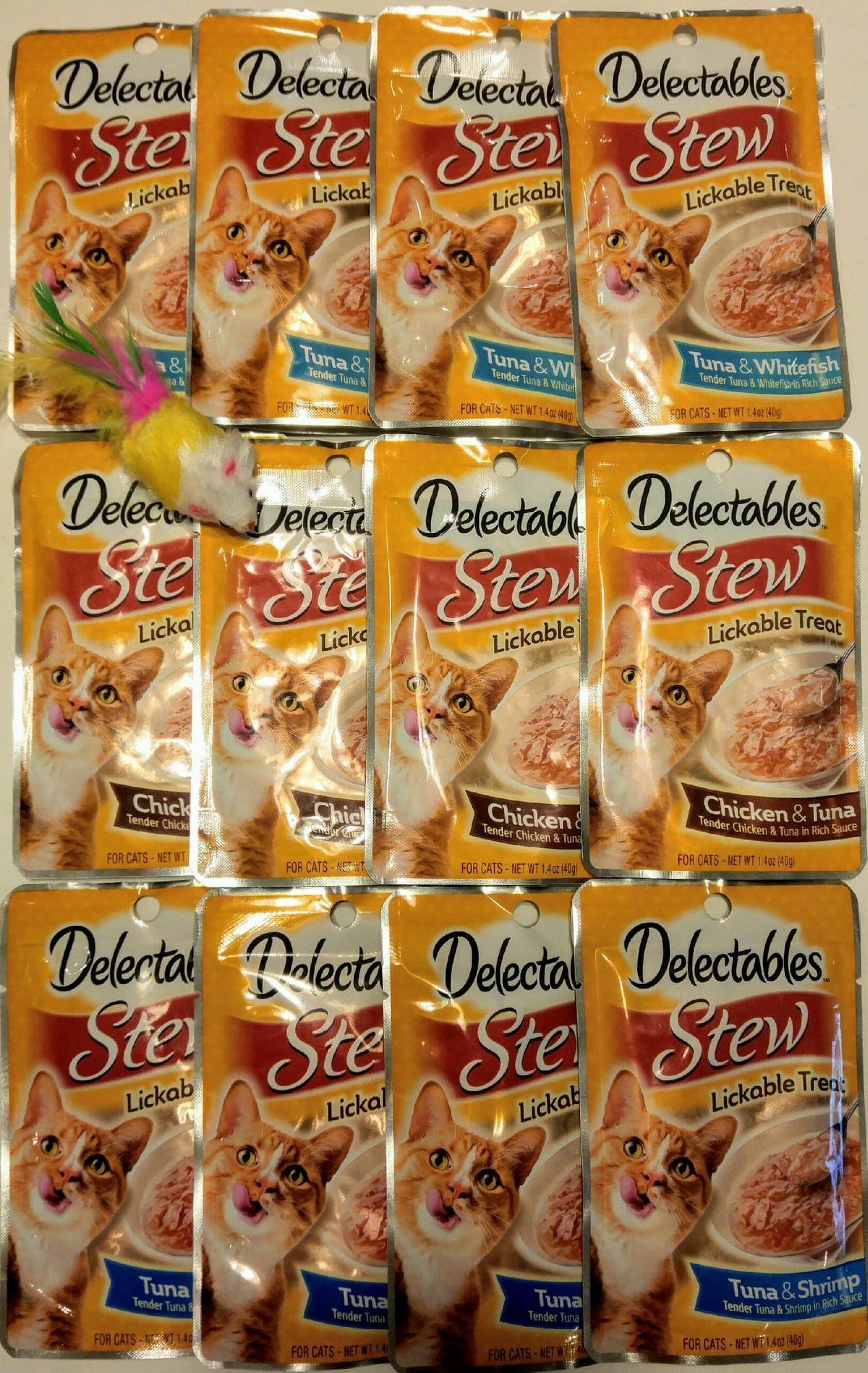 Delectables Stew Lickable Treats Variety Bundle Pack of 12. (4) Tuna & Whitefish, (4) Chicken & Tuna, (4) Tuna & Shrimp. 1.4 oz Each - Bonus Mouse Toy Included (Color May Vary)