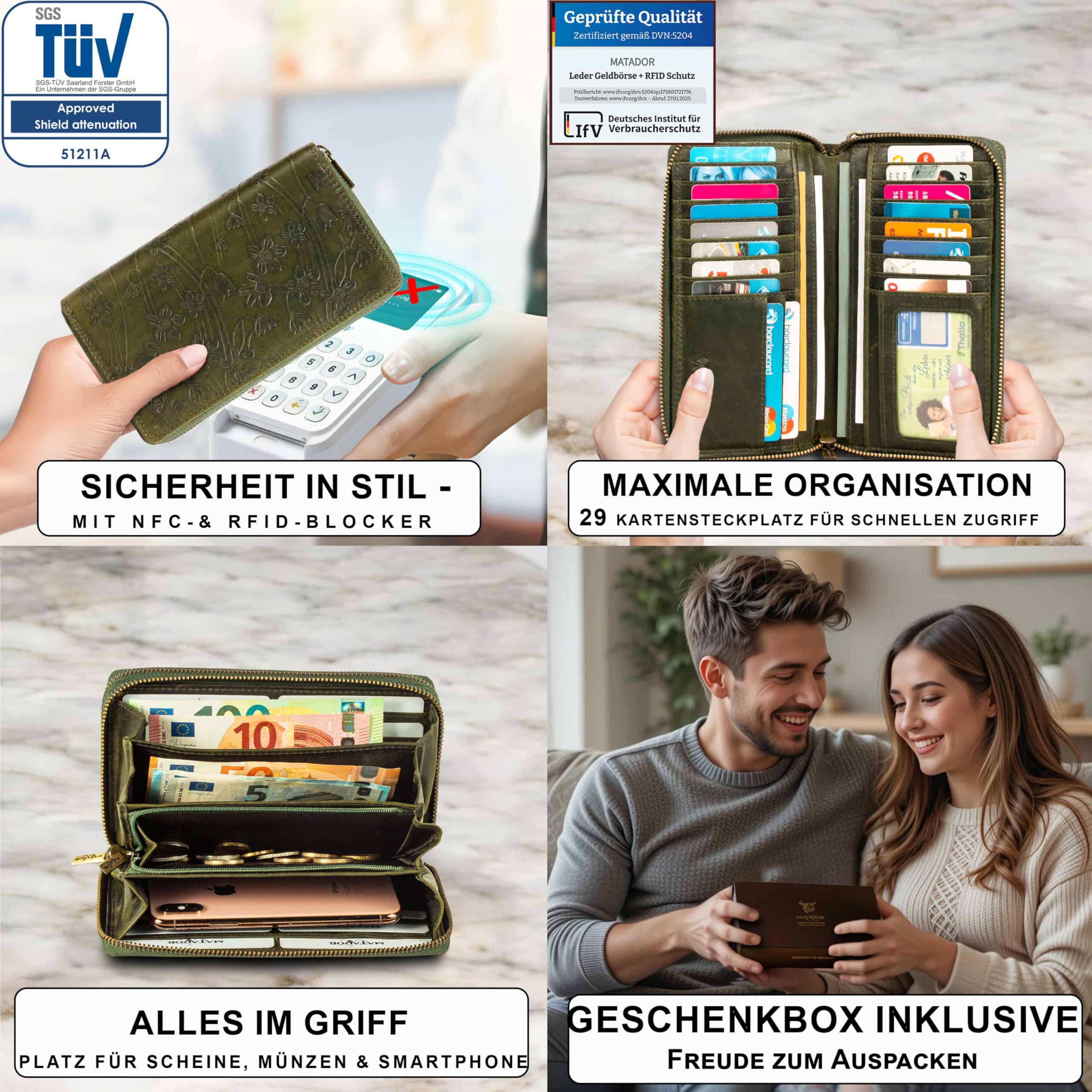 MATADOR Geldbörsen Damen Grün #Madrid mit Edle Geschenk Box, Eleganter Geldbeutel Leder mit RFID Wallet, Luxus Damen Geschenk mit Viele Kartenfächer