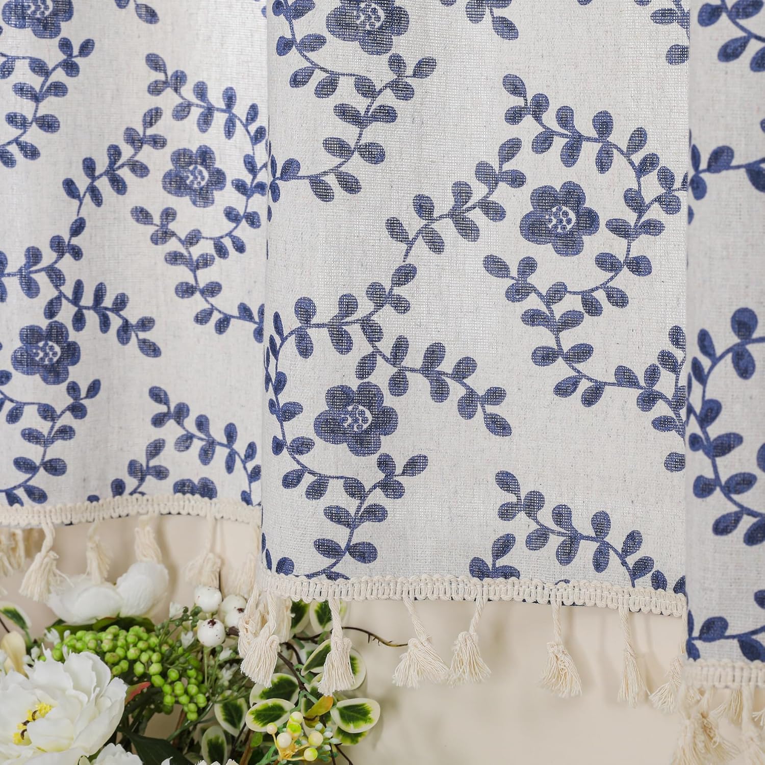 Floral Tier Curtains 48 Inches Long Rod Pocket Small Window Curtains with Tassels Blue Plum Blossom Flower Boho Farmhouse Kitchen Bathroom Curtains, 1 Panel