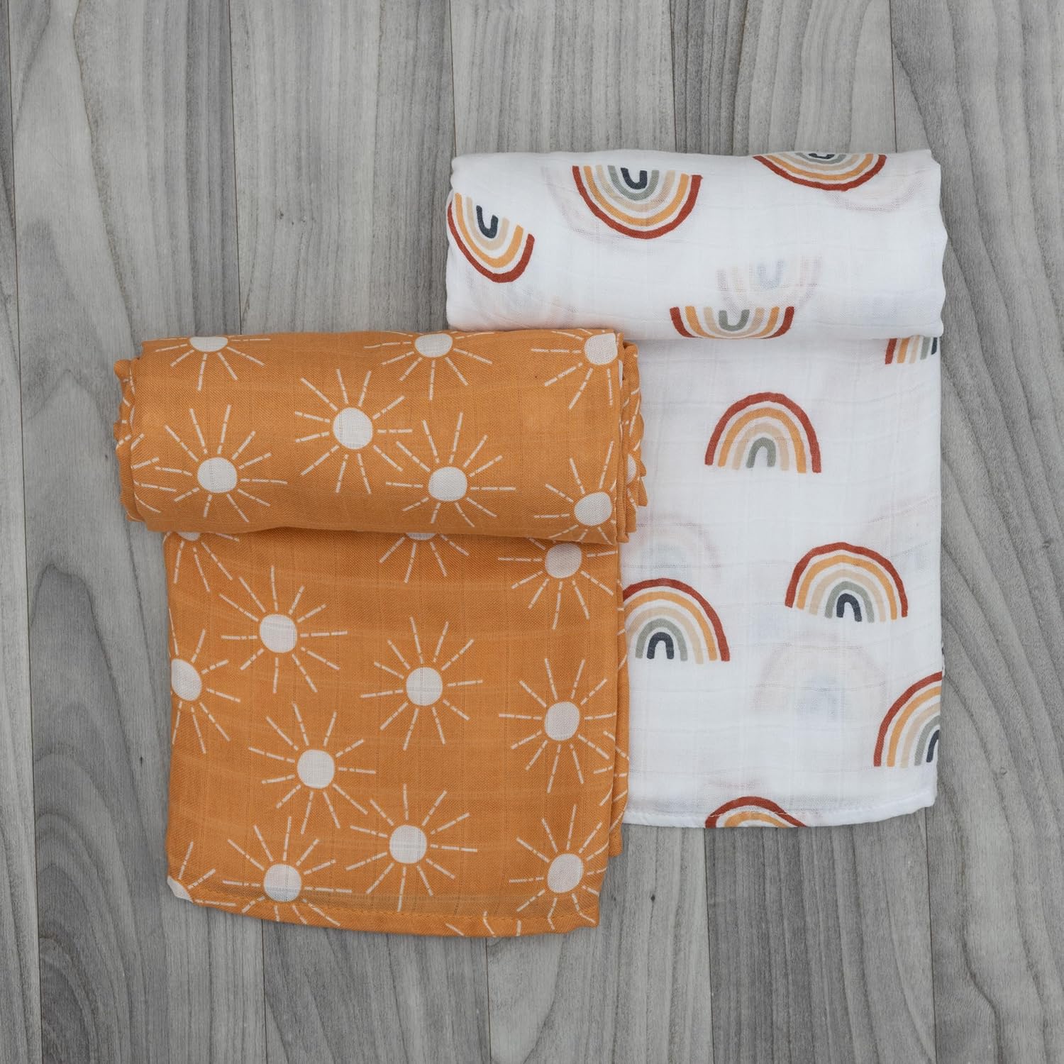 Organic Baby Muslin Swaddle Blankets for Boy or Girl - Sun and Rainbow Swaddling Blanket 2 Pack - Soft Muslin, XLarge and Breathable, Boho Baby, 47" X 47"