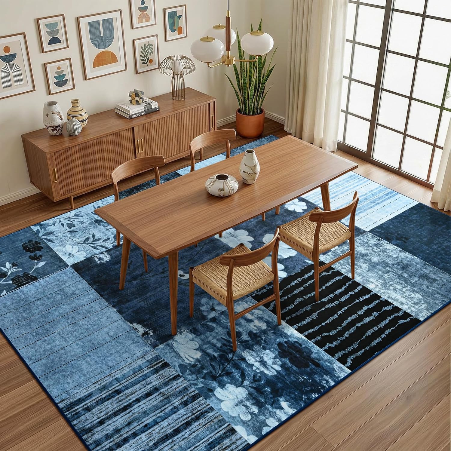 6x9 Area Rugs for Living Room, Modern Geometric Patchwork Large Rug, Washable Non-Slip Indoor Low Pile Carpets for Bedroom Dining Room Office Playroom Home Dorm Decor, Blue