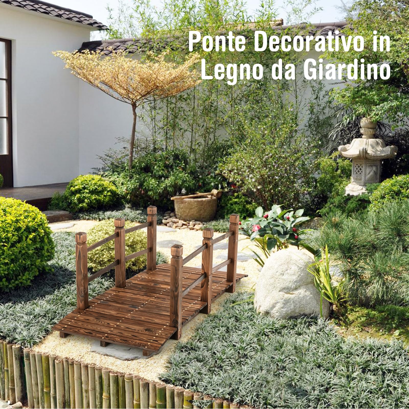 COSTWAY Ponte da Giardino in Legno, Ponte Decorativo ad Arco con Doppie Sbarre di Sicurezza, Struttura in Abete per Percorso Esterno per Cortile, Strada di Ghiaia, Ruscello, Fattoria (Legno)