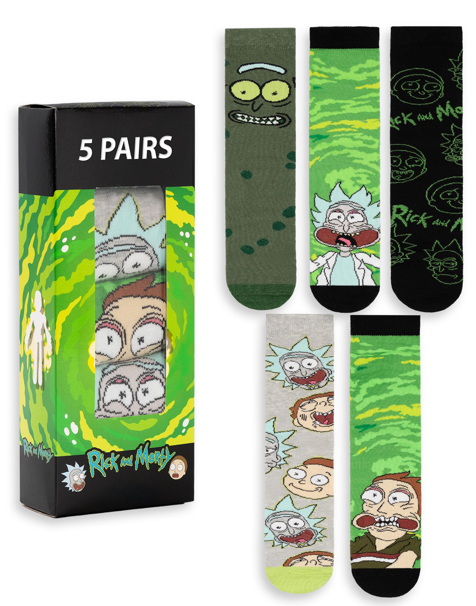 RICK AND MORTY Mens Green Calf Socks Set of 5 | Fun Character Patterns Featuring Rick & Morty | Everyday Wear | Comfortable Socks for Fans | R&M Merchandise - 7-11 UK
