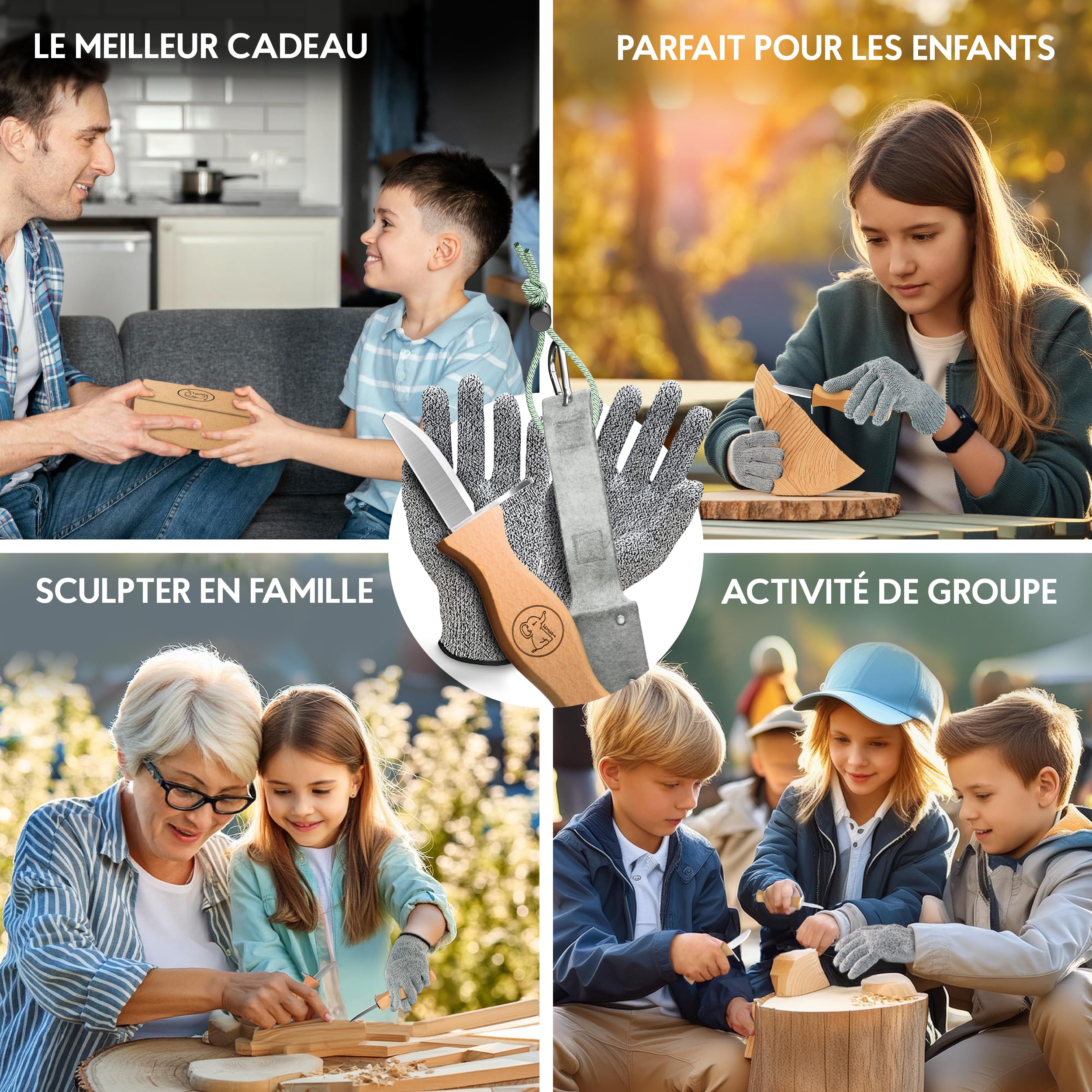 Eli® Couteau de sculpture pour enfant à partir de 6 ans - Avec sac en feutre - Kit de sculpture de qualité supérieure avec gants résistants aux coupures