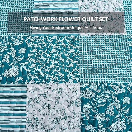 Vista 26 de Mybedsoul - Juego de edredón floral a cuadros color azul aguamarina de 3 piezas tamaño King, bohemio, de microfibra ligera, para todas