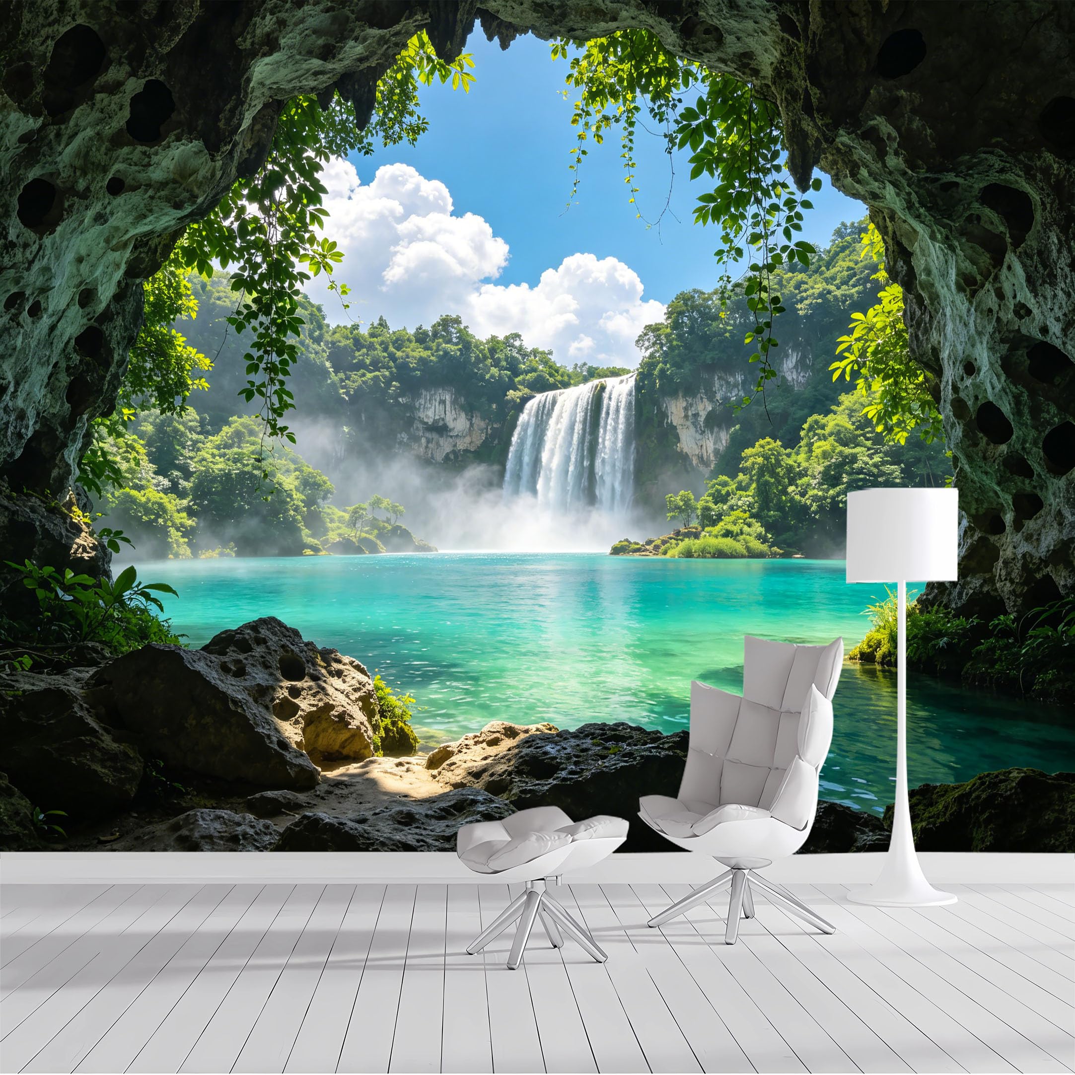 Custom Size Wall Mural Tropical Waterfall Cave Seascape Panoramic SelfAdhesive Wall Fabric Removable Peel and Stick Wallpaper Wall Decor for Living Room Bedroom Bathroom