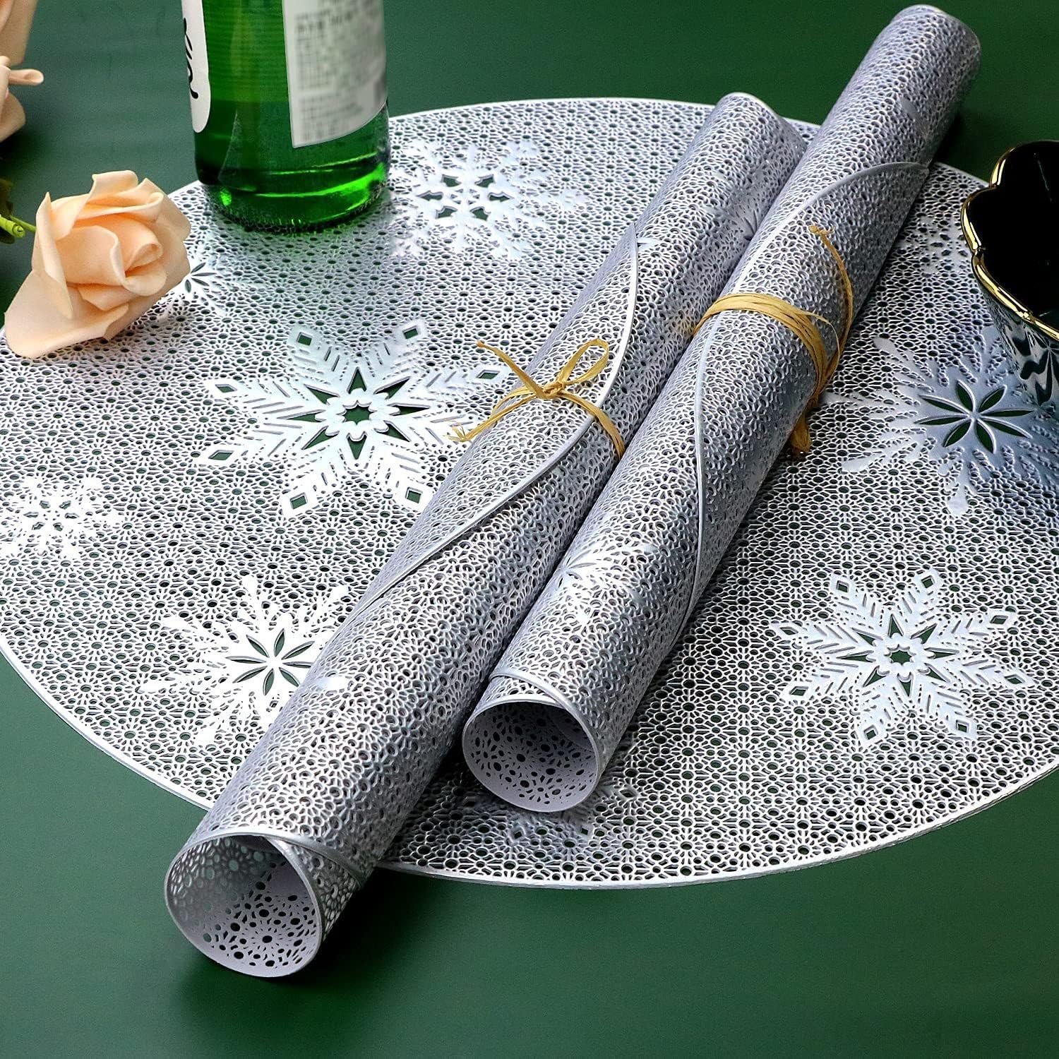 Round Placemat Hollow Anti-Slip Mat Table Mat Coaster Insulation Mat Decorative Western Placemat(White-Fruit peach5)