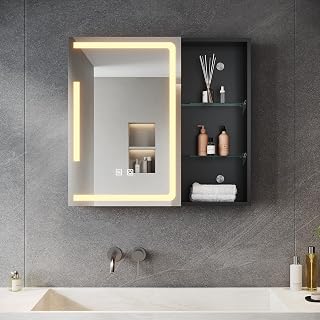 SONNI Armario con espejo para baño con iluminación, 65 x 60 cm, armario con espejo LED con enchufe, regulable, 3 colores de luz ajustables, sin vaho, armario de baño, armario de medicina, color negro