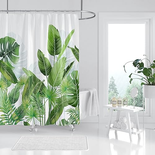 Miniatura 6 de Domoku Cortina de ducha de hojas verdes tropicales, cortina de baño floral, tela de poliéster con 12 ganchos (72 x 72 pulgadas70.9 in*70.9 in)