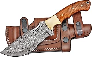 Ottoza Tracker Knife & Wood Handle - Damascus Hunting Knife - Horizontal Carry Knife Sheath 89 - Ottoza
