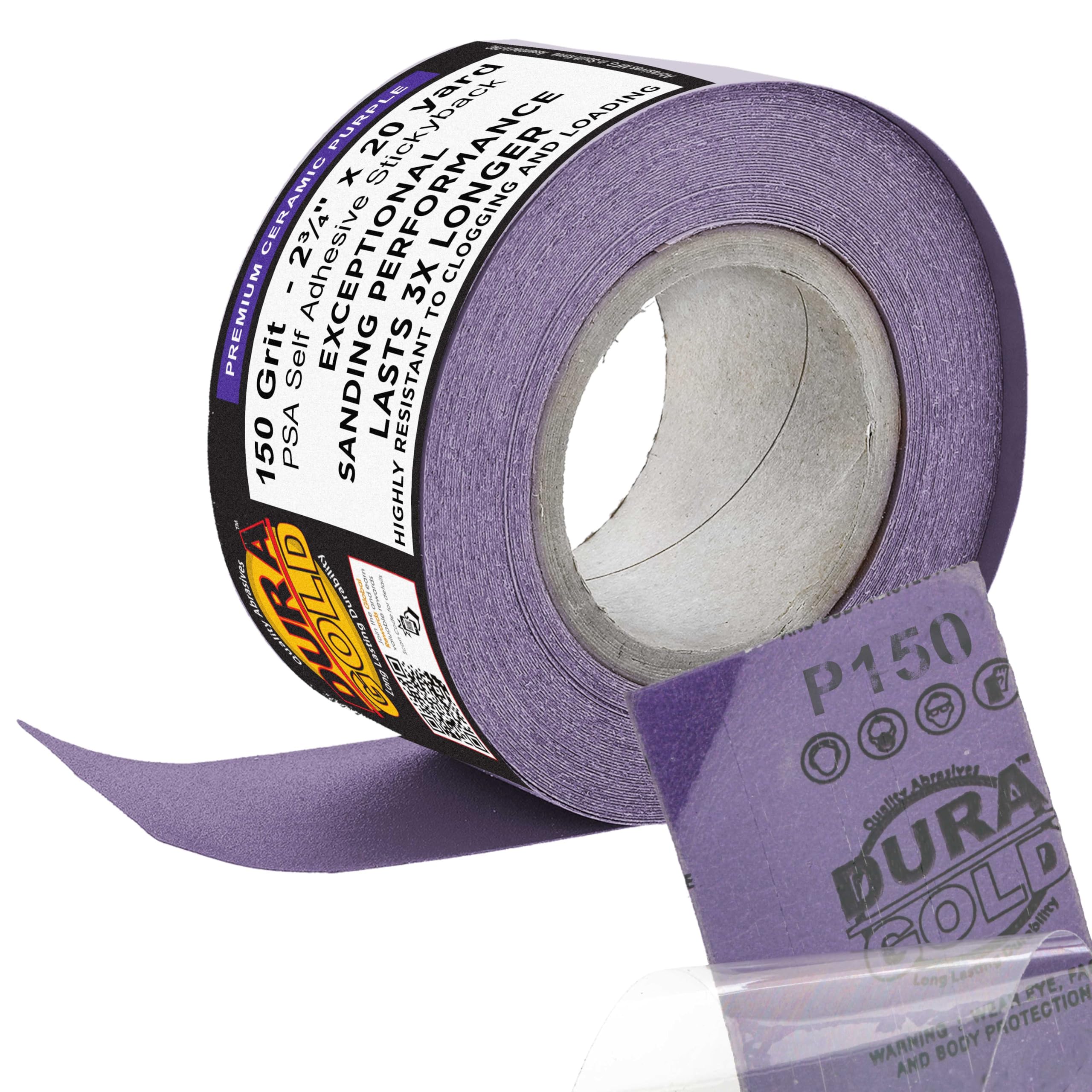 Dura-Gold Premium 150 Grit PSA Purple Film Ceramic Longboard Sandpaper, 2-3/4" Wide Continuous 20 Yard Roll - Self Adhesive Stickyback for Auto & Wood