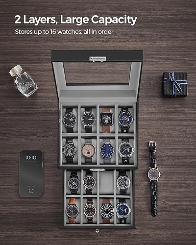 Miniatura 4 de SONGMICS Caja de reloj de 16 ranuras, caja de reloj con tapa de vidrio, 2 capas, vitrina de reloj con cerradura, cuero sintético negro, forro gris