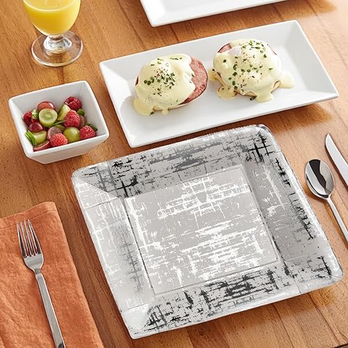 Miniatura 8 de SILVER SPOONS Platos de papel plateados de diseño abstracto metálico (18 unidades) platos de papel desechables resistentes de 10 pulgadas, vajilla