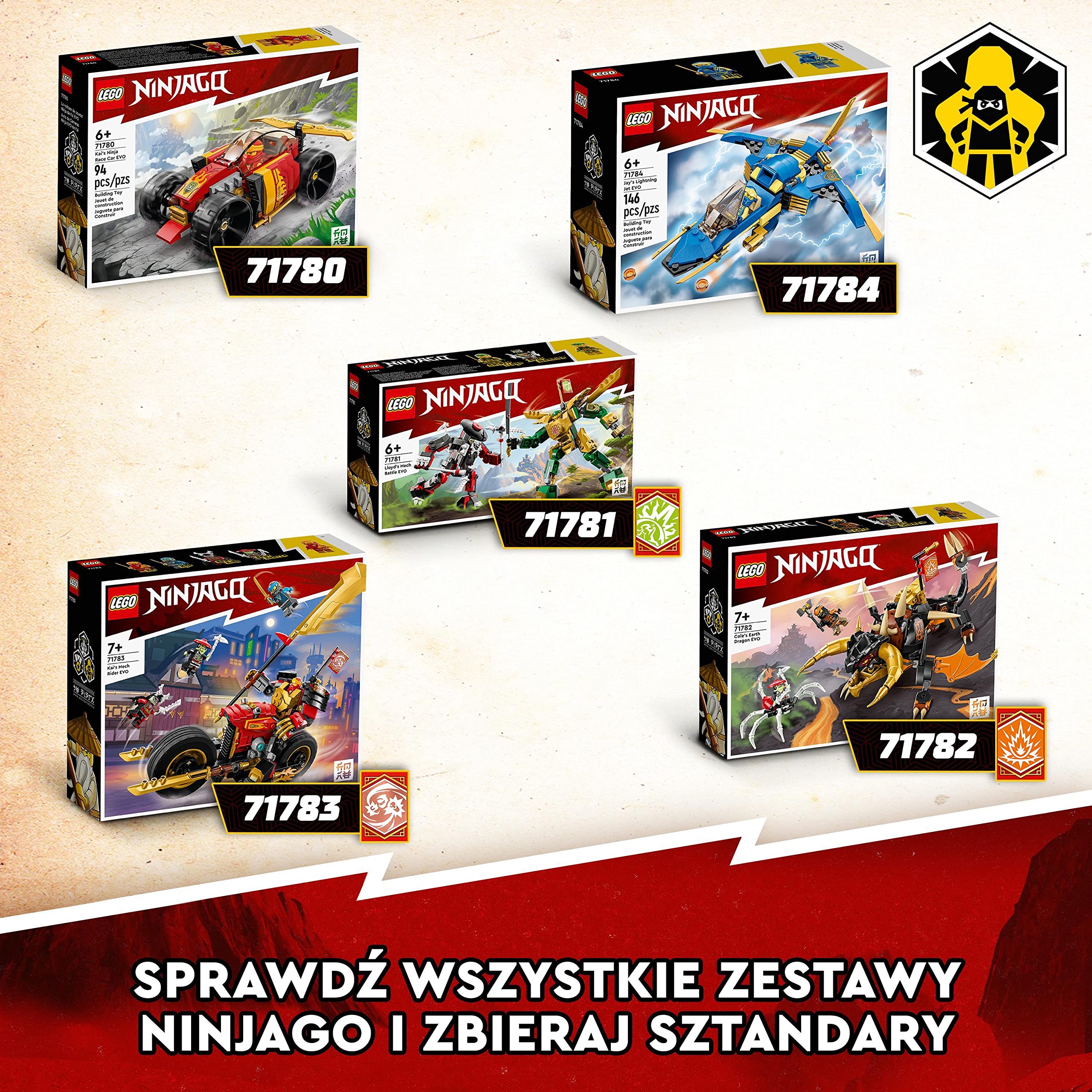 LEGO 71783 NINJAGO Jeździec-Mech Kaia EVO, Motocykl Ninja do Ulepszania, Figurka Mecha i 4 Minifigurki, Zabawki do Kolekcjonowania dla Dzieci od 7 Lat