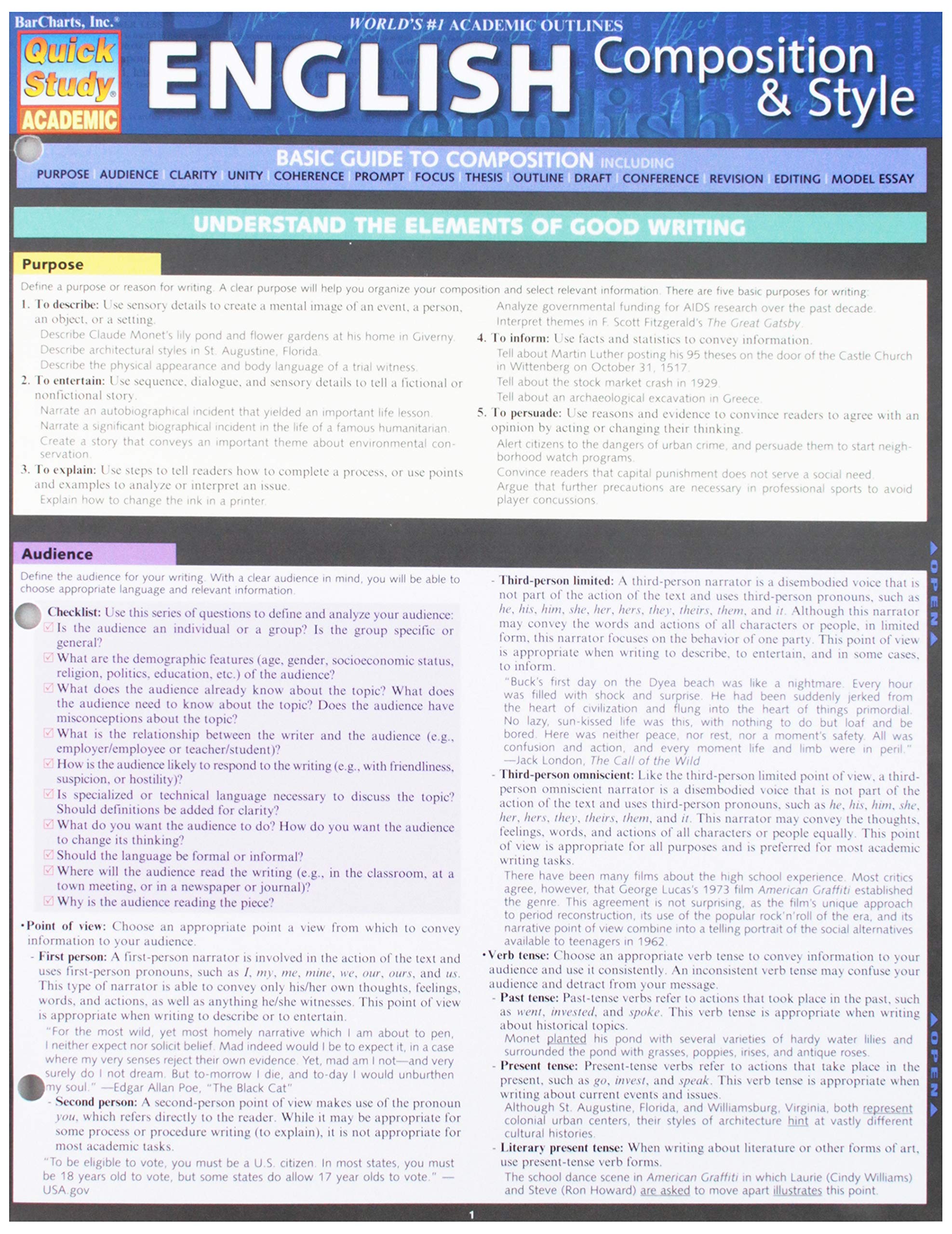 English Composition & Style QuickStudy : guide plastifié pour écrire en anglais sans fautes