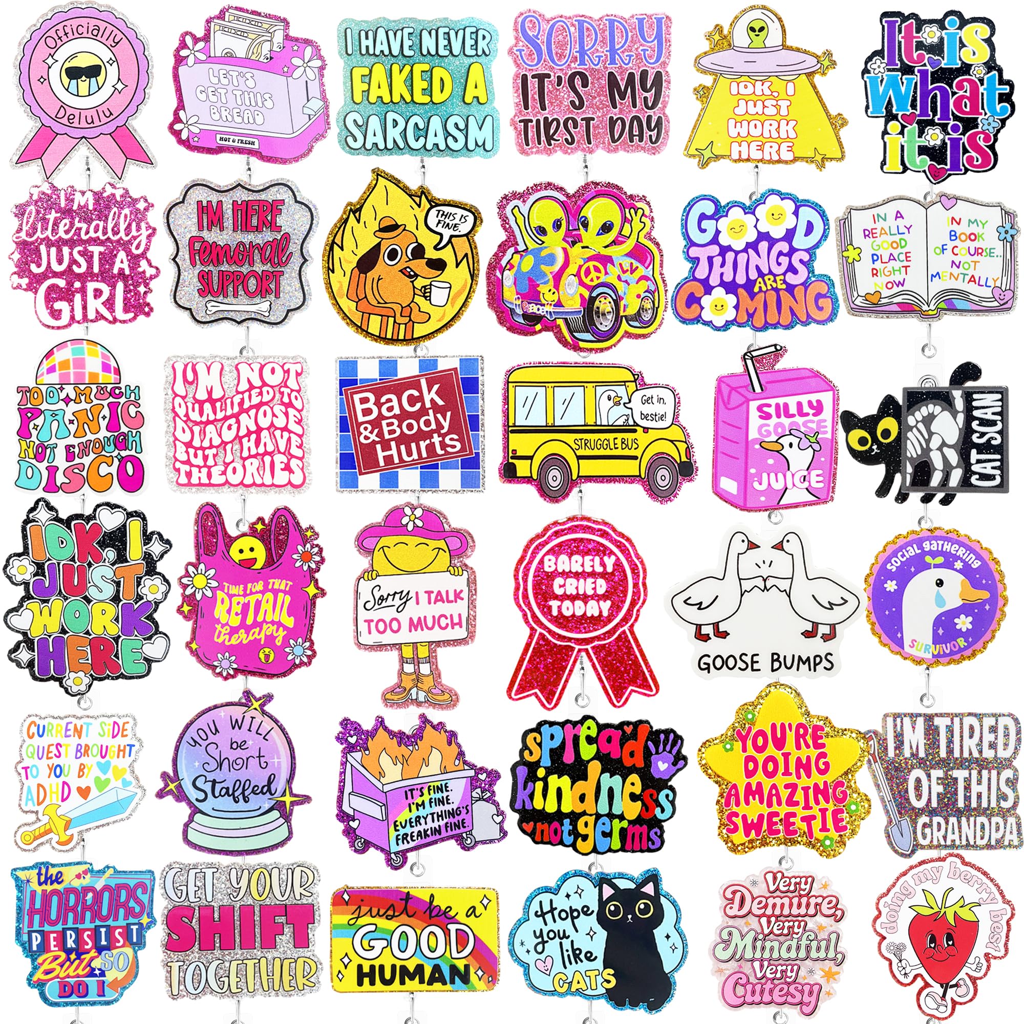 Hotlea 36 PCS Nurse Badge Reel Bulk Funny Retractable Badge Holders with Alligator Clips RN ICU MA LPN Badge Buddy Nursing Students Badge Accessories