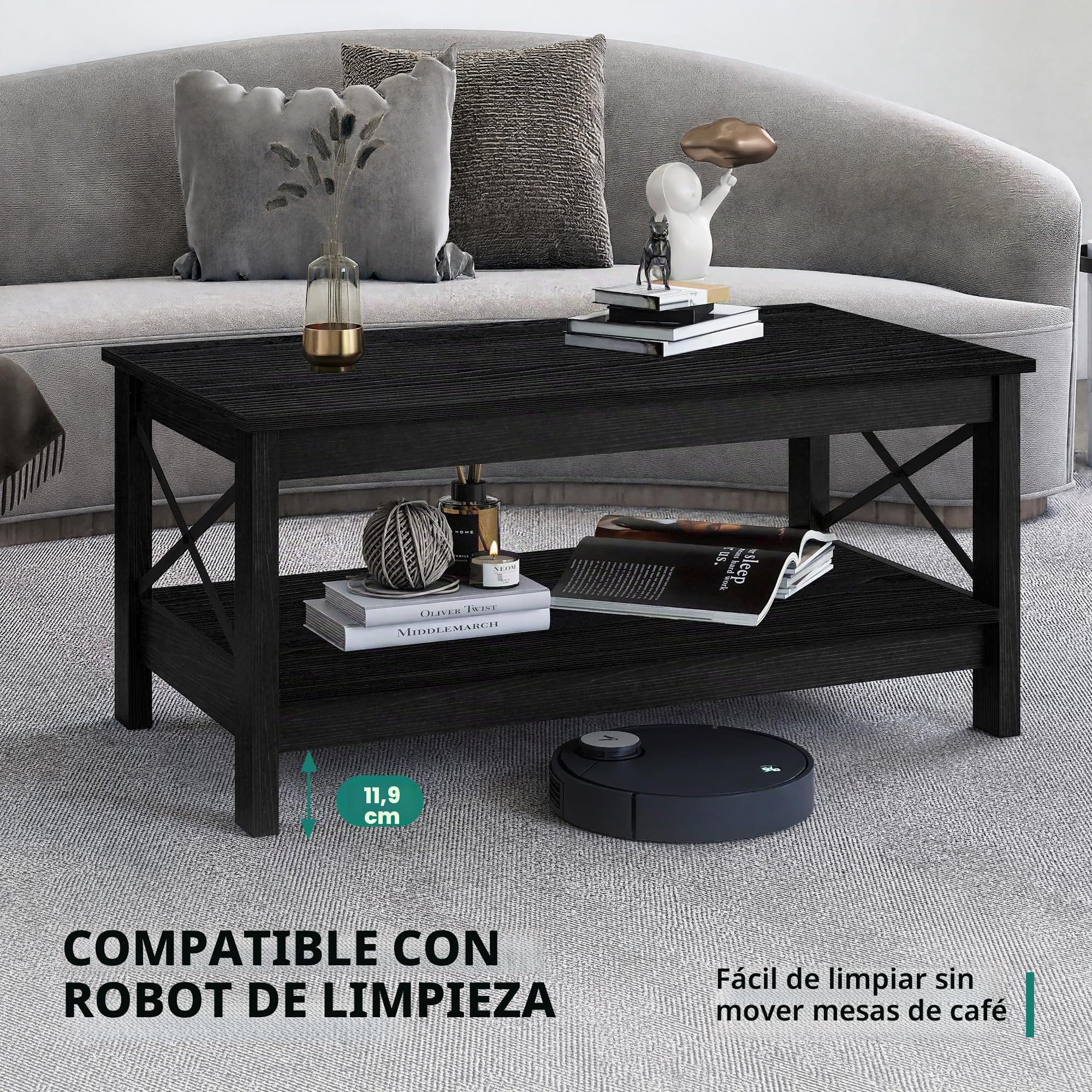 YITAHOME Mesa de Centro Negra con Estante de Almacenamiento, 100 x 55,6 x 45,4 cm, mesas de café Modernas de Granja para Sala de Estar