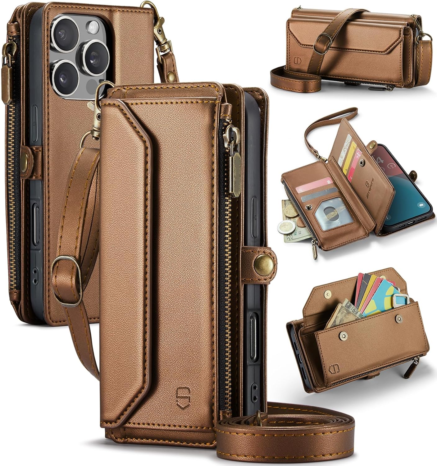 Crossbody Wallet Case Compatible with iPhone 16 Pro 6.3" RFID Blocking 10-Card Holder Soft PU Leather Magnetic Snap Shoulder Strap Zipper Pocket Phone Case Fit for iPhone 16 Pro Women - Brown iPhone 16 Pro - 6.3" Brown
