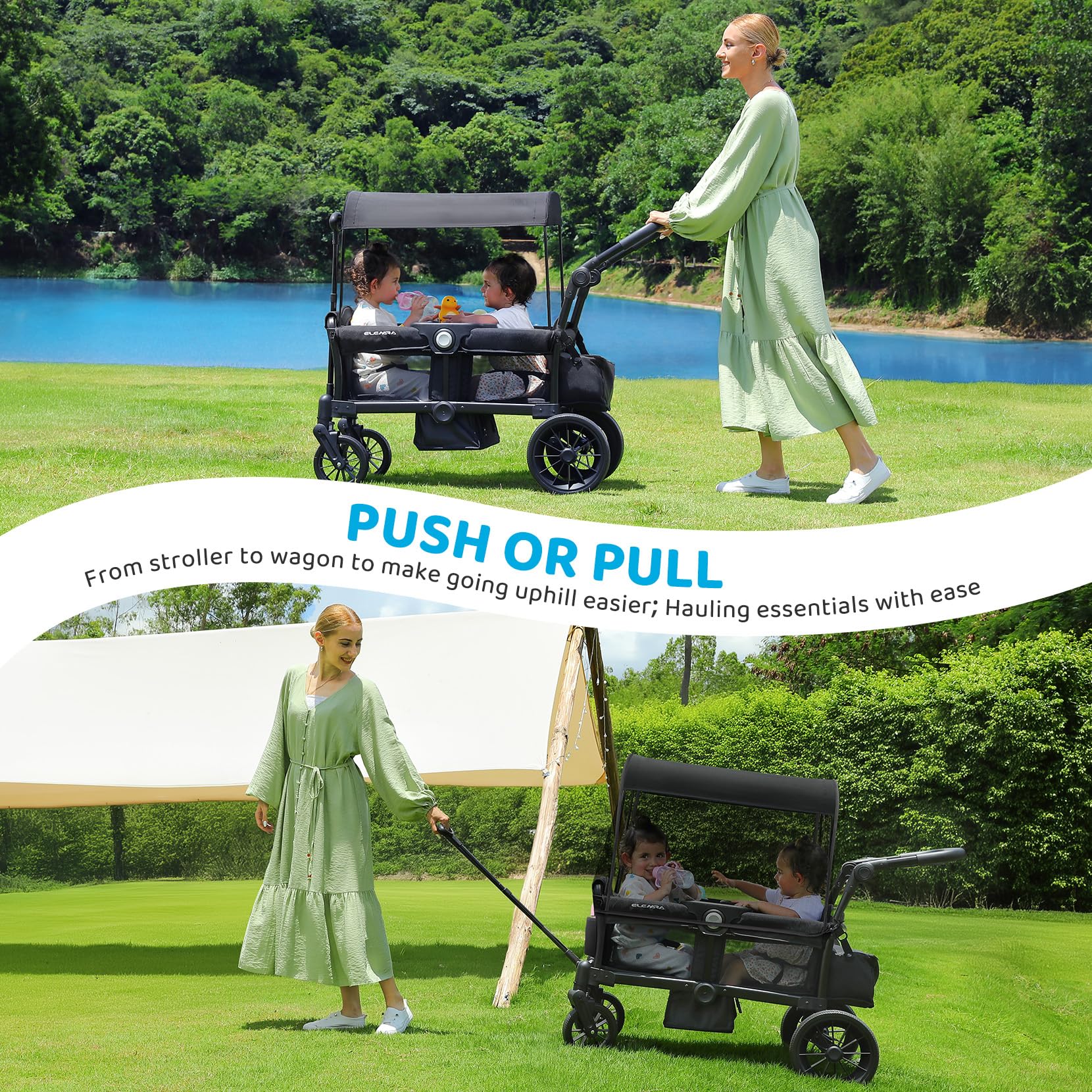 ELEMARA Passeggino per 2 bambino, passeggino pieghevole, carrello multiuso per bambino, carrello con tettoia rimovibile, maniglia regolabile, imbracature, grande borsa